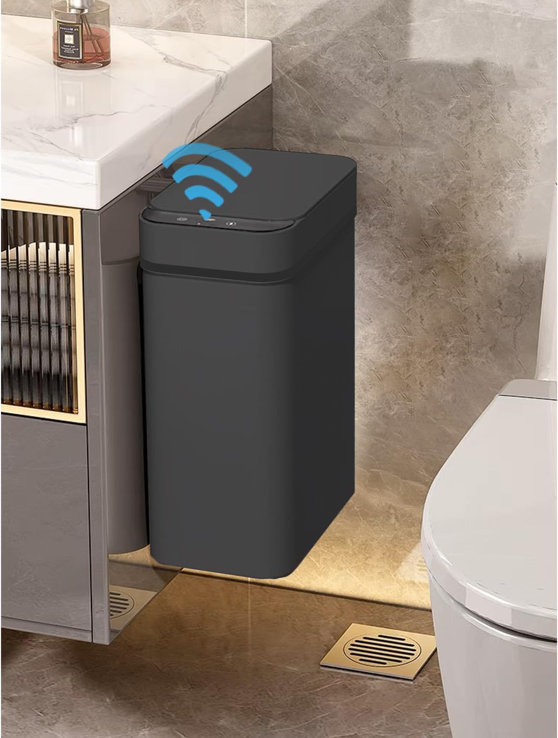 Yatmung Hanging Small Automatic Trash Can with Lid - 2.5 Gallons Skinny Garbage Can Smart - Electric, Narrow, Plastic, Bathroom - Slim Touchless Trash Bin Motion Sensor 10 Liters (Matte Black)