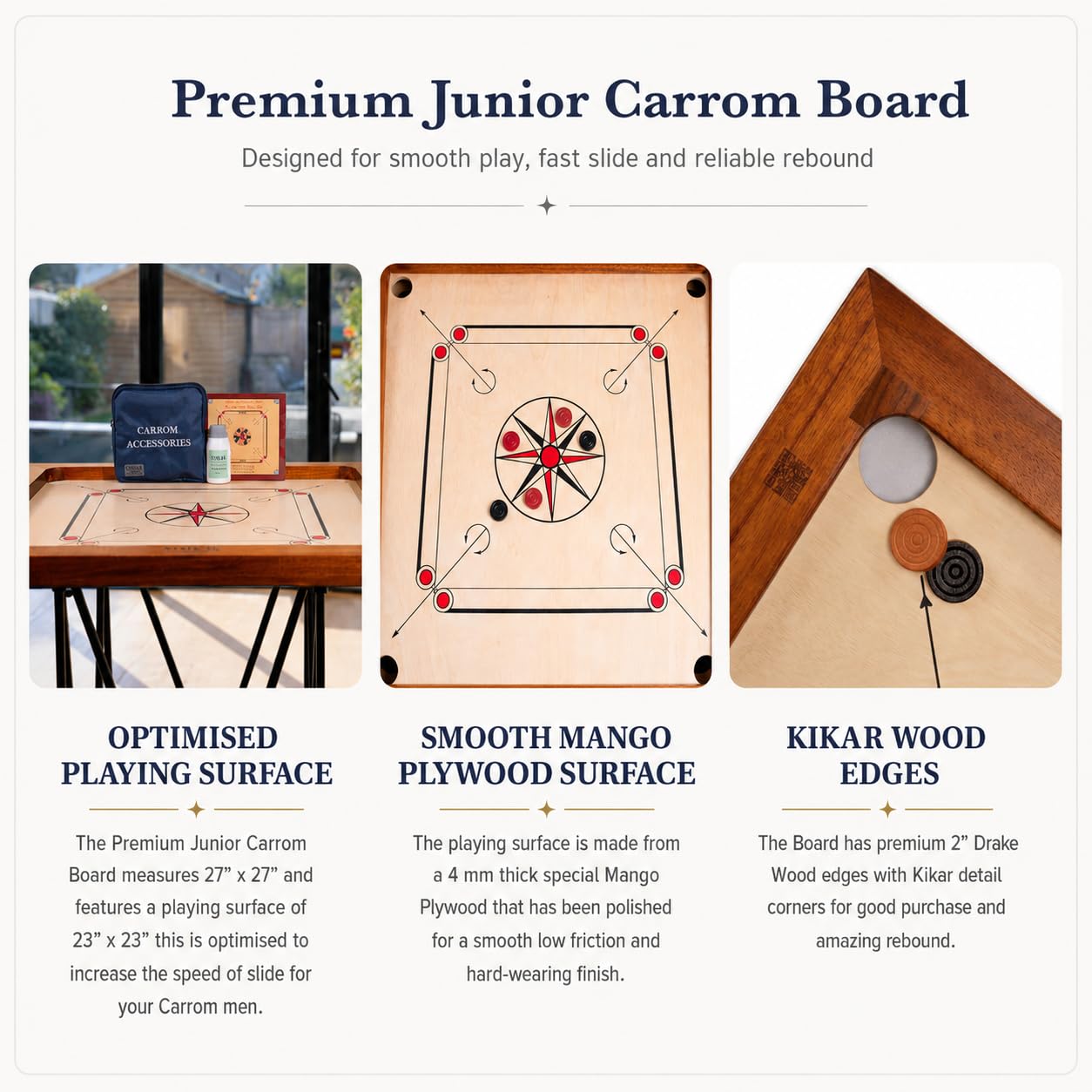Uber Games – Junior Carrom Board Set – Tavola da gioco da 68,6 x 68,6 cm tra cui Carrom Men, Striker & Powder – Set base – Made in India – adatto per principianti, bambini e famiglie