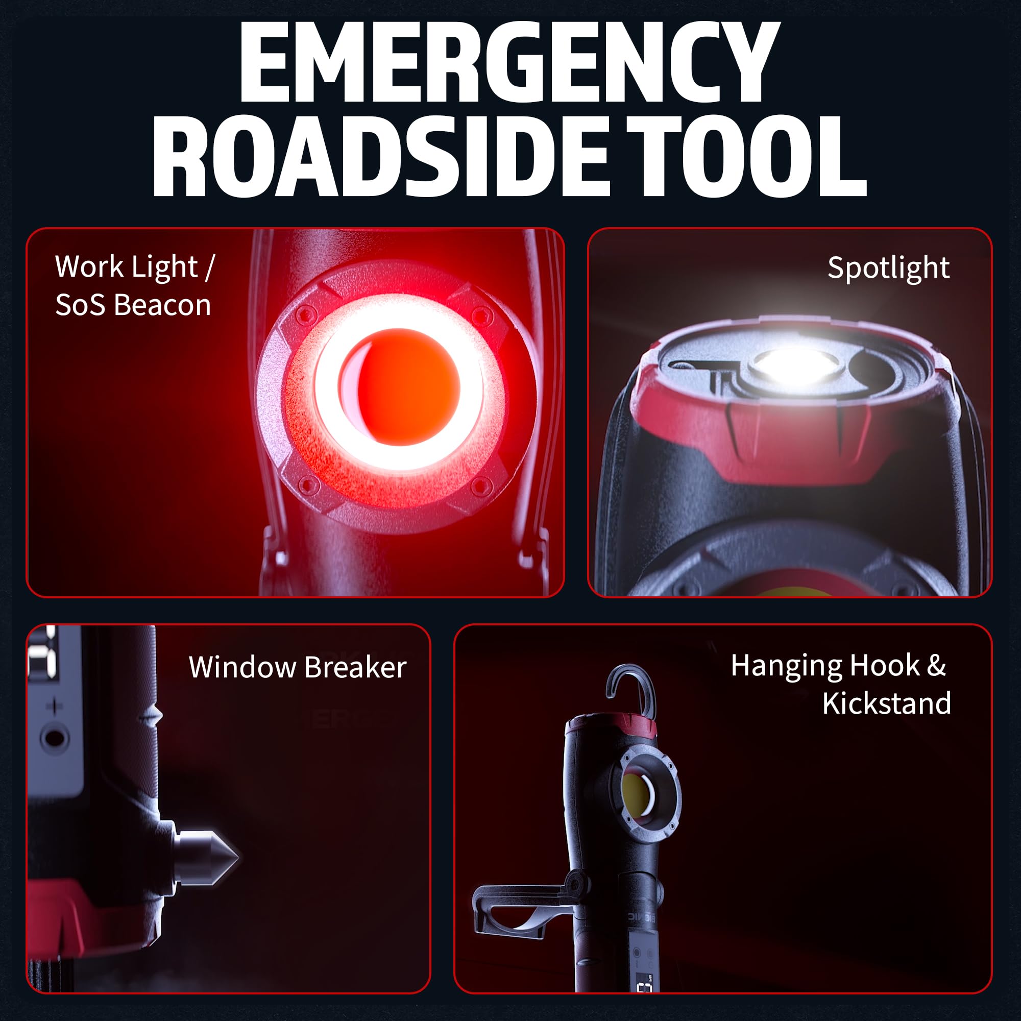 BIONIC RESCUE - Compressore d'aria portatile con luce da lavoro e rompi finestre, pompa ad aria da 1500 mAh con manometro, luce da lavoro a LED, luci di emergenza per veicoli, ricaricabile (150 PSI)