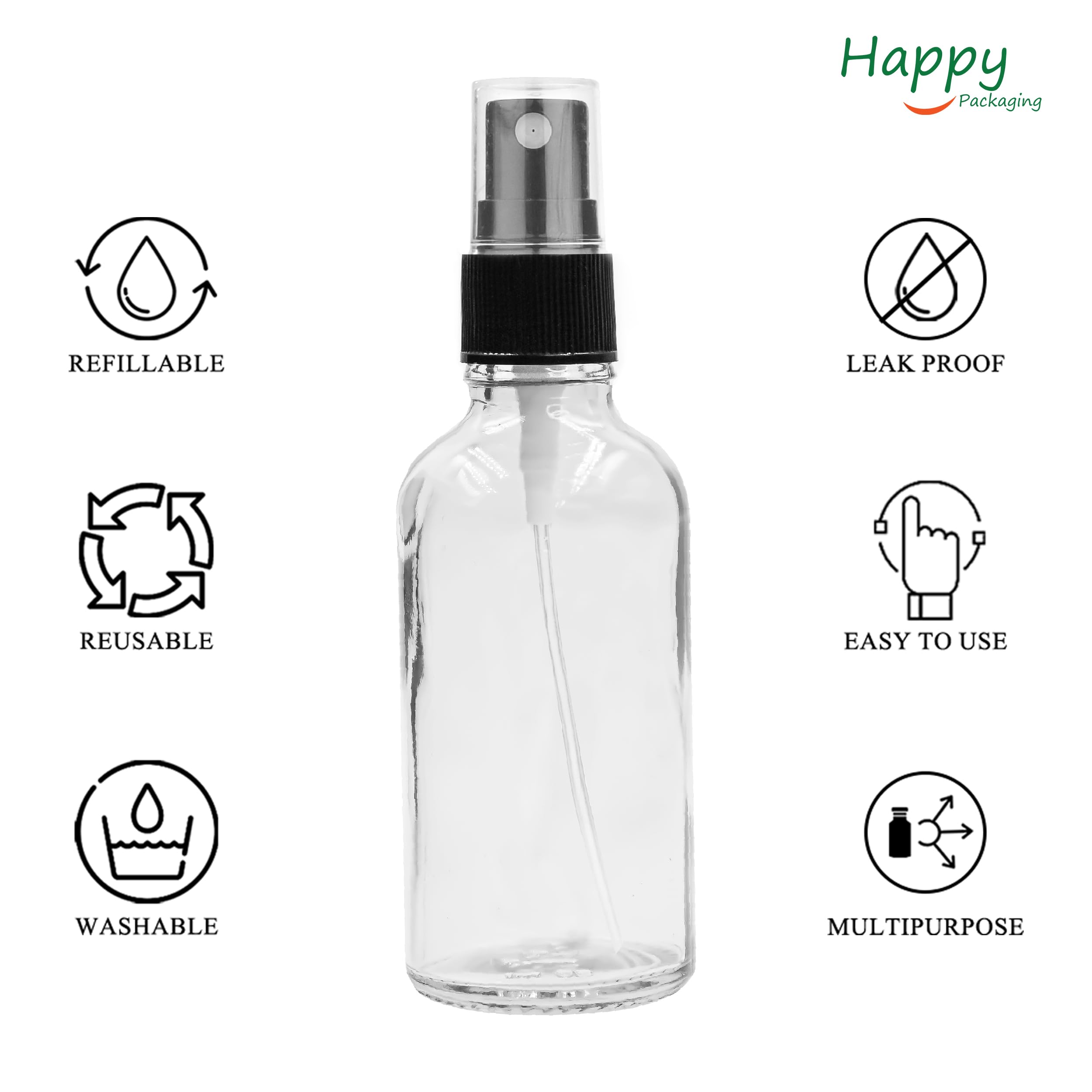Happy Packaging 50ML Clear Round Empty Glass Botlle With Black Mist Spray and Over Cap| Refillable | Leak Proof For Essential Oils | Reusalble | DIY Perfumes | DIY serums Pack of 3 - Image 6 thumbnail