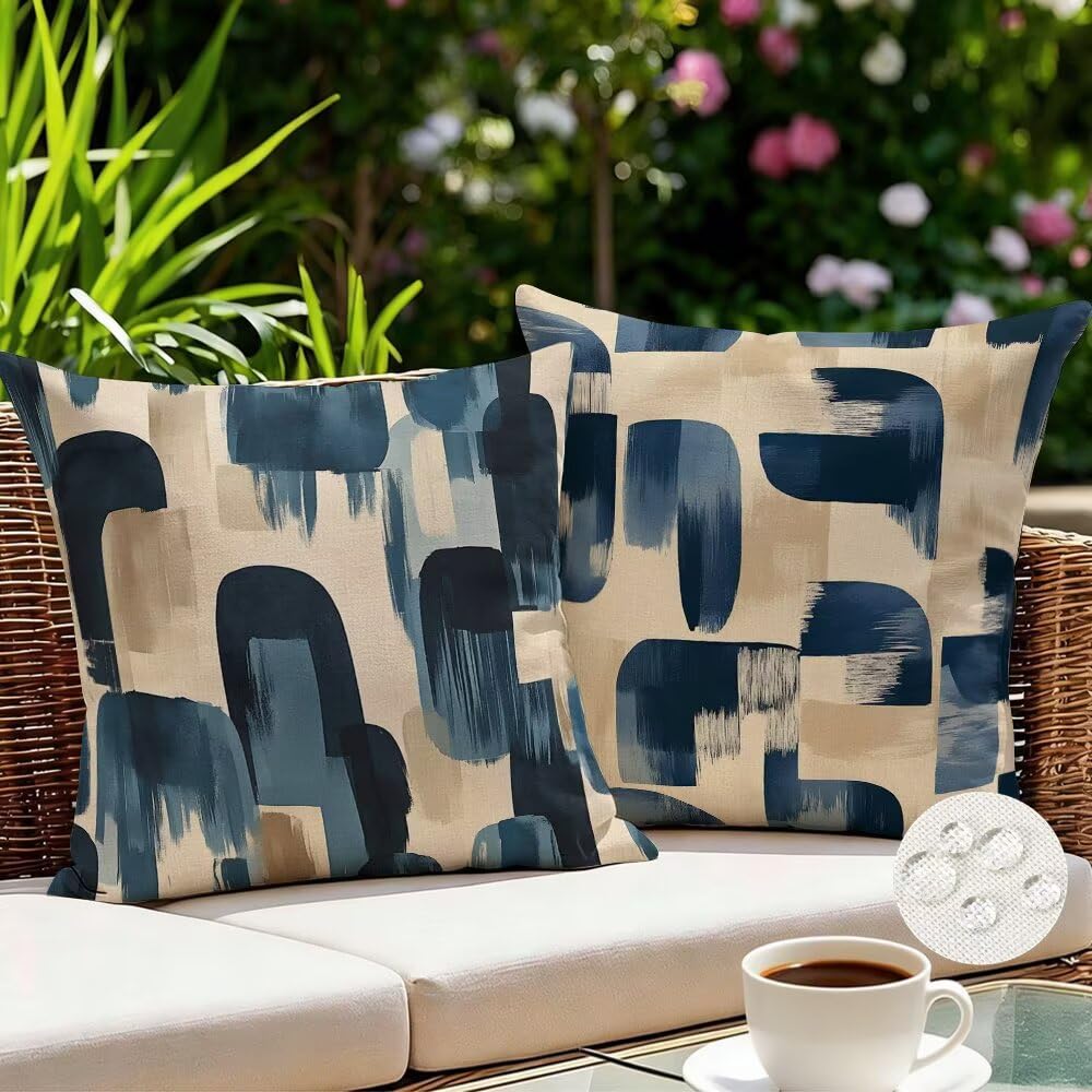 Outdoor Cushions Waterproof Navy Cushion Covers 35cm x 35cm Set of 2 Abstract Garden Cushions Vintage Cushion Cover Decorative Pillows Linen Throw Pillow Case for Couch Sofa Garden Furniture (IU193)