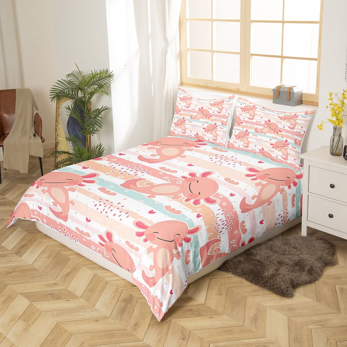 Cute Axolotls Kids Duvet Cover Set 135 x 200 cm, Rainbow Stripes Bedding Set,Girls Boys Adults Room Decor,Pink Romantic Soft Comforter Cover,Sea Animals Cartoon Axolotl Quilt Cover,1 Pillowcase