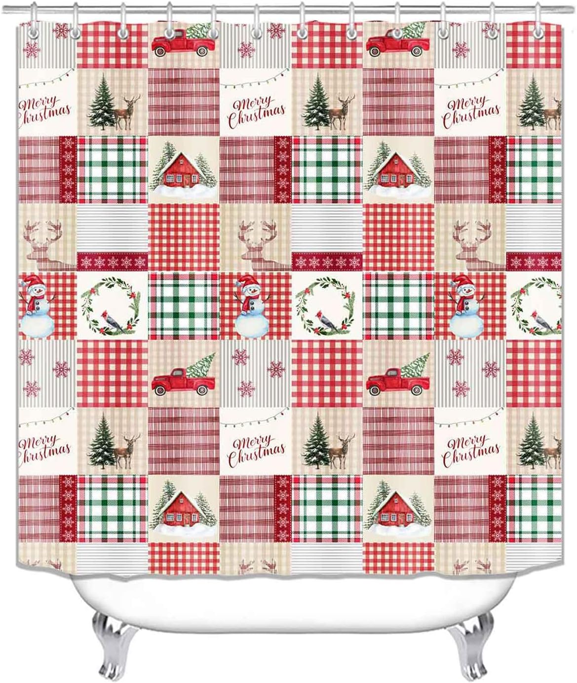 4PCS Christmas Shower Curtain Sets with Rugs, Waterproof Fabric Shower Curtain, Beige Green Red Plaid Xmas Tree Cardinal Deer Snowman Truck Barn Wreath Snowflake Winter New Year Bathroom Decor