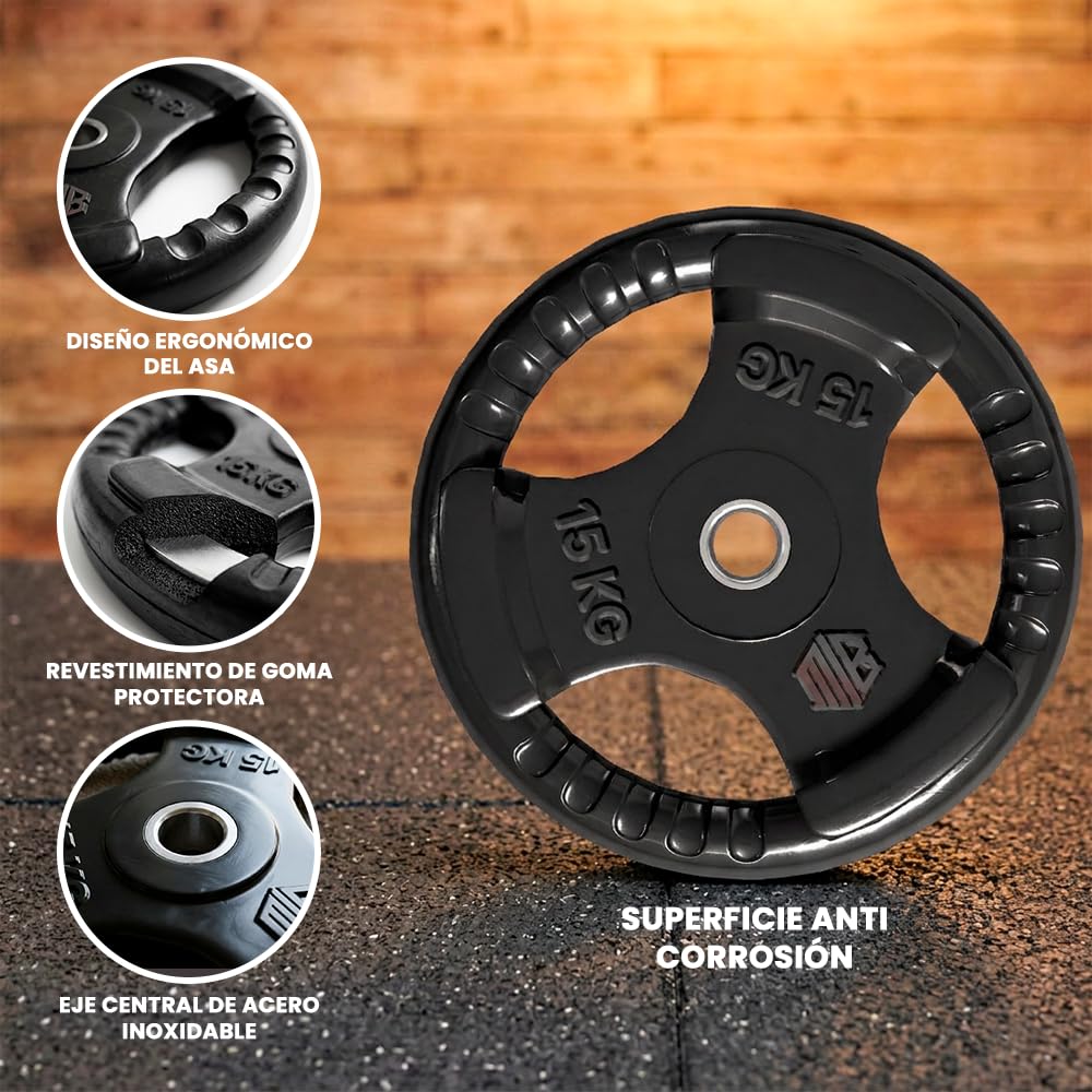 ManiBoom Discos Pesas Hierro ENGOMADO 30mm y 50mm Olimpica con Anillo Interior de Acero y Triple Agarre ERGONOMICO - Disco para Barra o Mancuernas 2,5kg, 5kg, 10kg, 15kg, 20kg