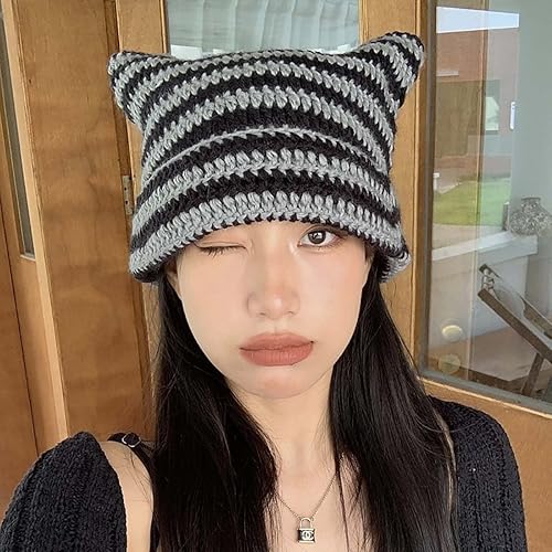 Miniatura 4 de Lindo gorro de punto para mujer, suéter de lana cálida para otoño e invierno con protección para orejas de gato