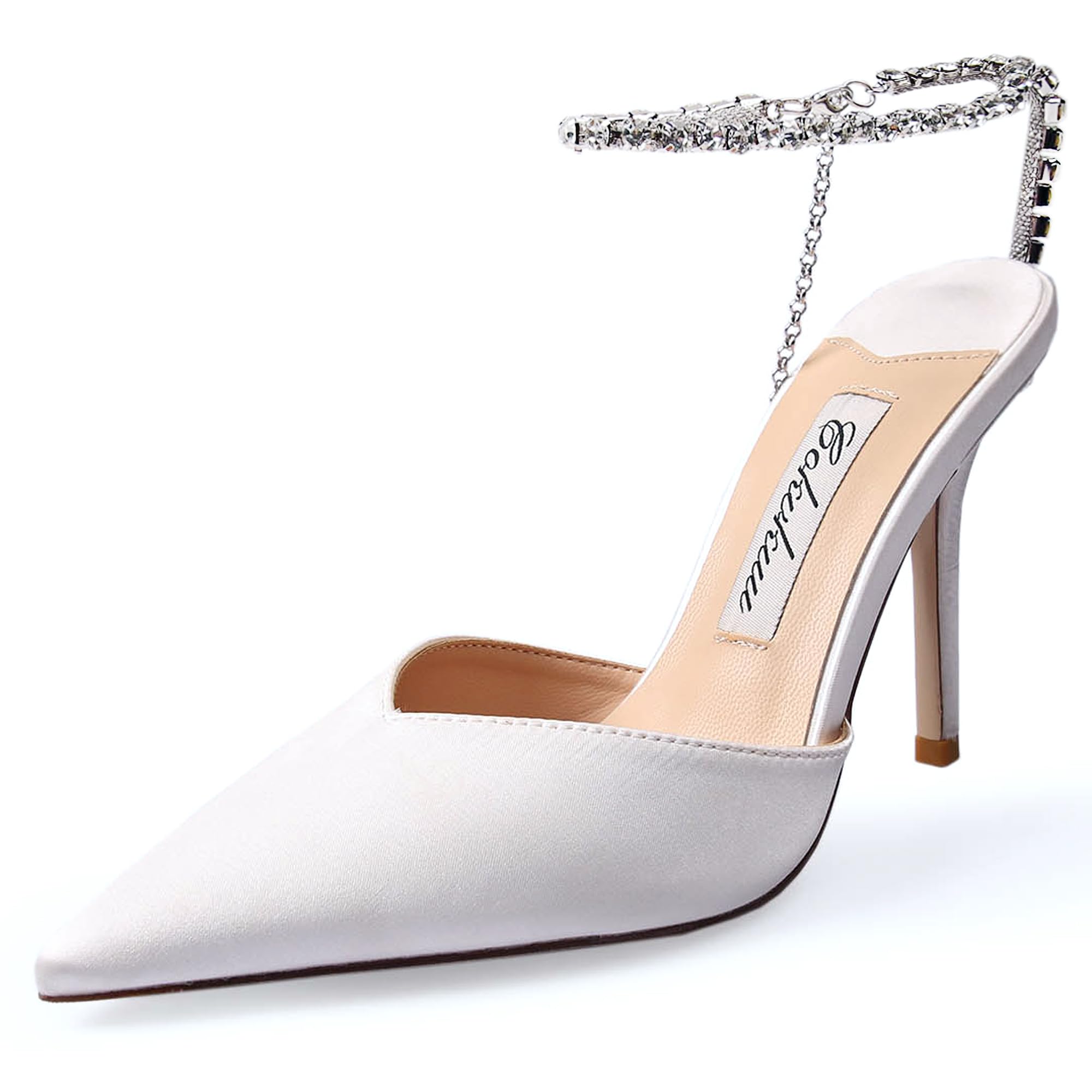Embellished Pointed Toe High Heel Pumps with Ankle Strap, 10 cm, Rose Gold 37 EU White