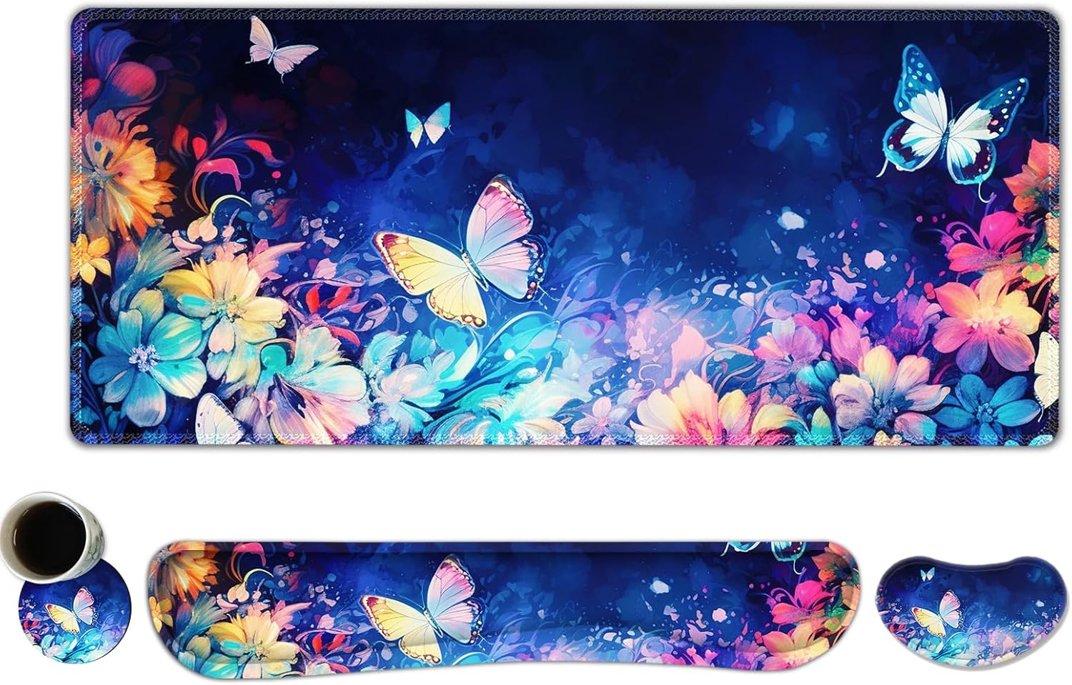 DINKY Keyboard Mouse Pad Set, Large Gaming Mousepad + Memory Foam Ergonomic Keyboard Wrist Rest Support, Easy Typing Pain Relief, 4Pcs (35.4" x 15.7") Extended Desk Mat-Butterflies
