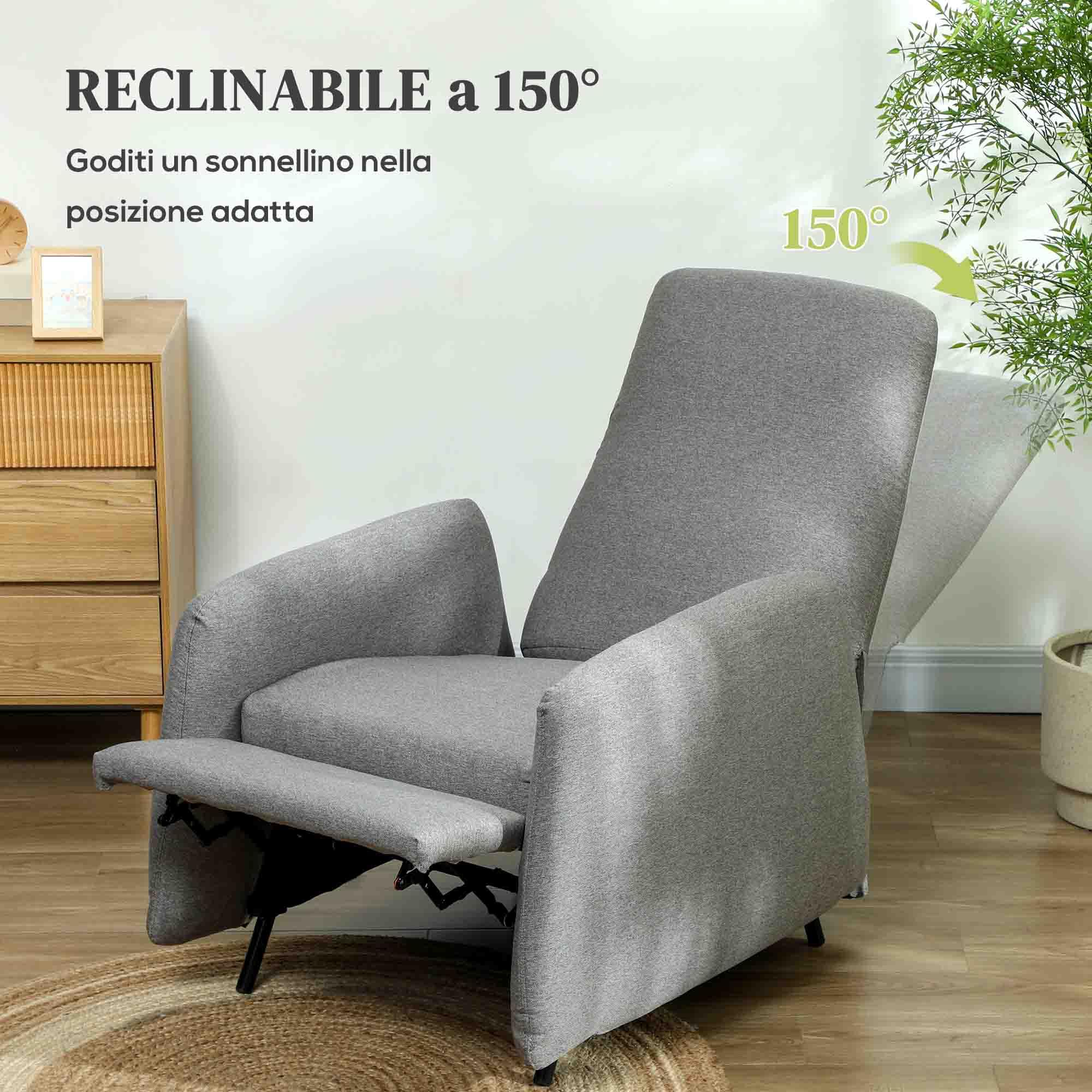 HOMCOM Poltrona Relax Reclinabile Manuale con Poggiapiedi, Poltrona Reclinabile in Tessuto Effetto Lino, Copertura Rimovibile per Camera da Letto, Soggiorno e Salotto, Grigio