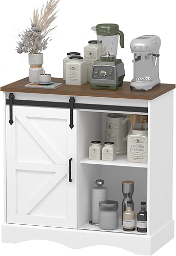 Miniatura 8 de Gabinete de bar de café de granja, gabinete de almacenamiento de buffet blanco con puerta corrediza de granero, aparador de cocina de 31.5 pulgadas,
