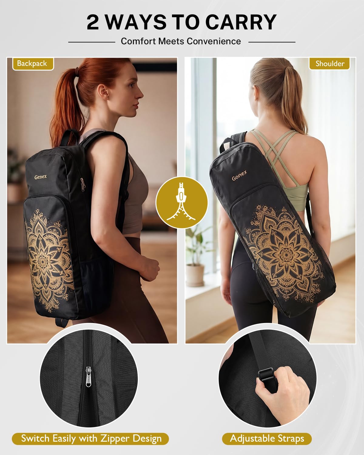 Gonex Sac de Yoga avec Portage 2 Façons, Sac à Dos Yoga Grande Capacité avec Compartiment Humide et Fermetures Éclair Métal, Sac à Dos Yoga pour Tapis de Yoga, Fitness et Voyage