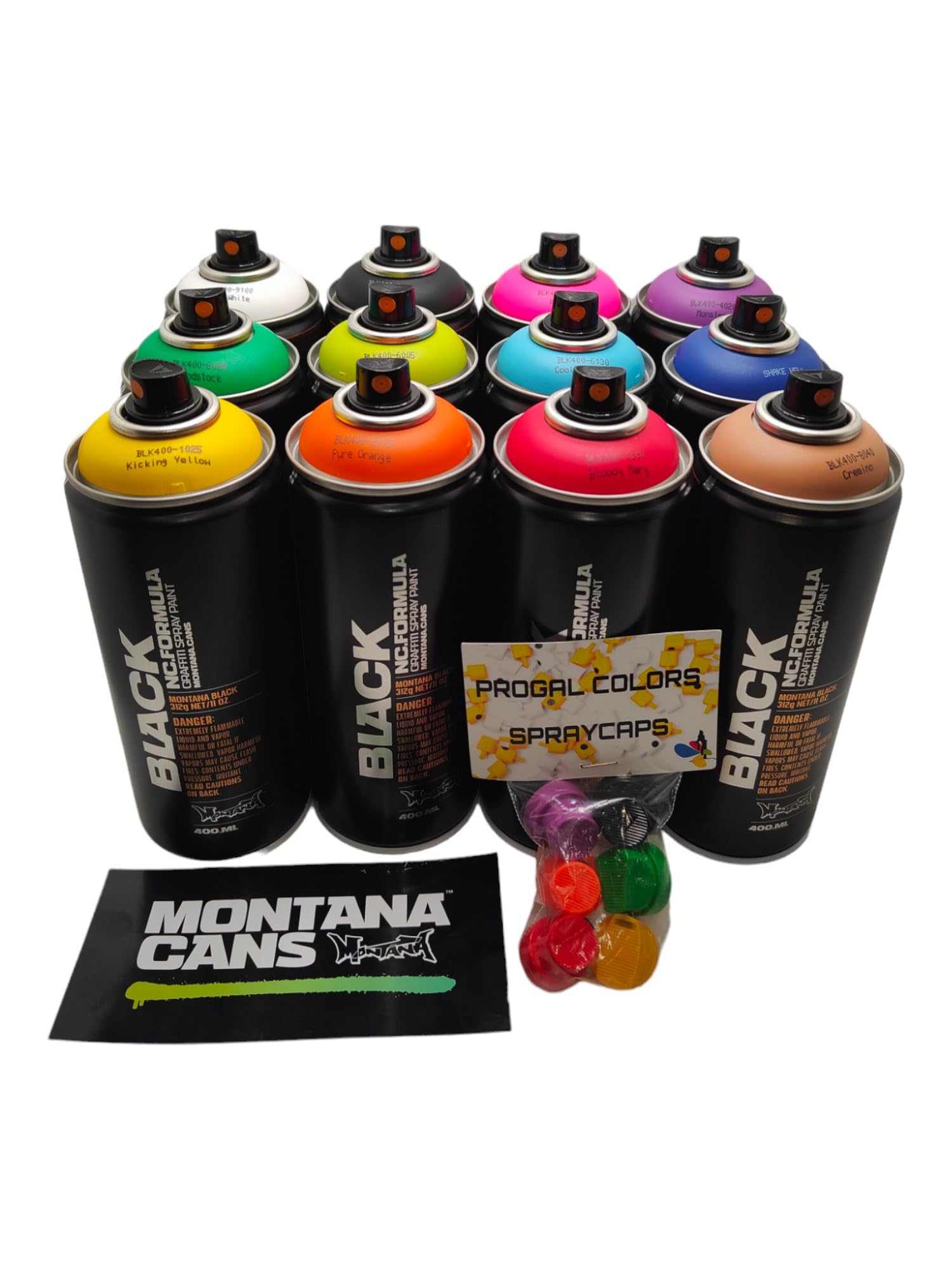 Montana Black 400 ml beliebte Farben, Set mit 12 Graffiti-Streetart-Wandmal-Sprühfarben + 6 Ersatz-Sprühköpfe