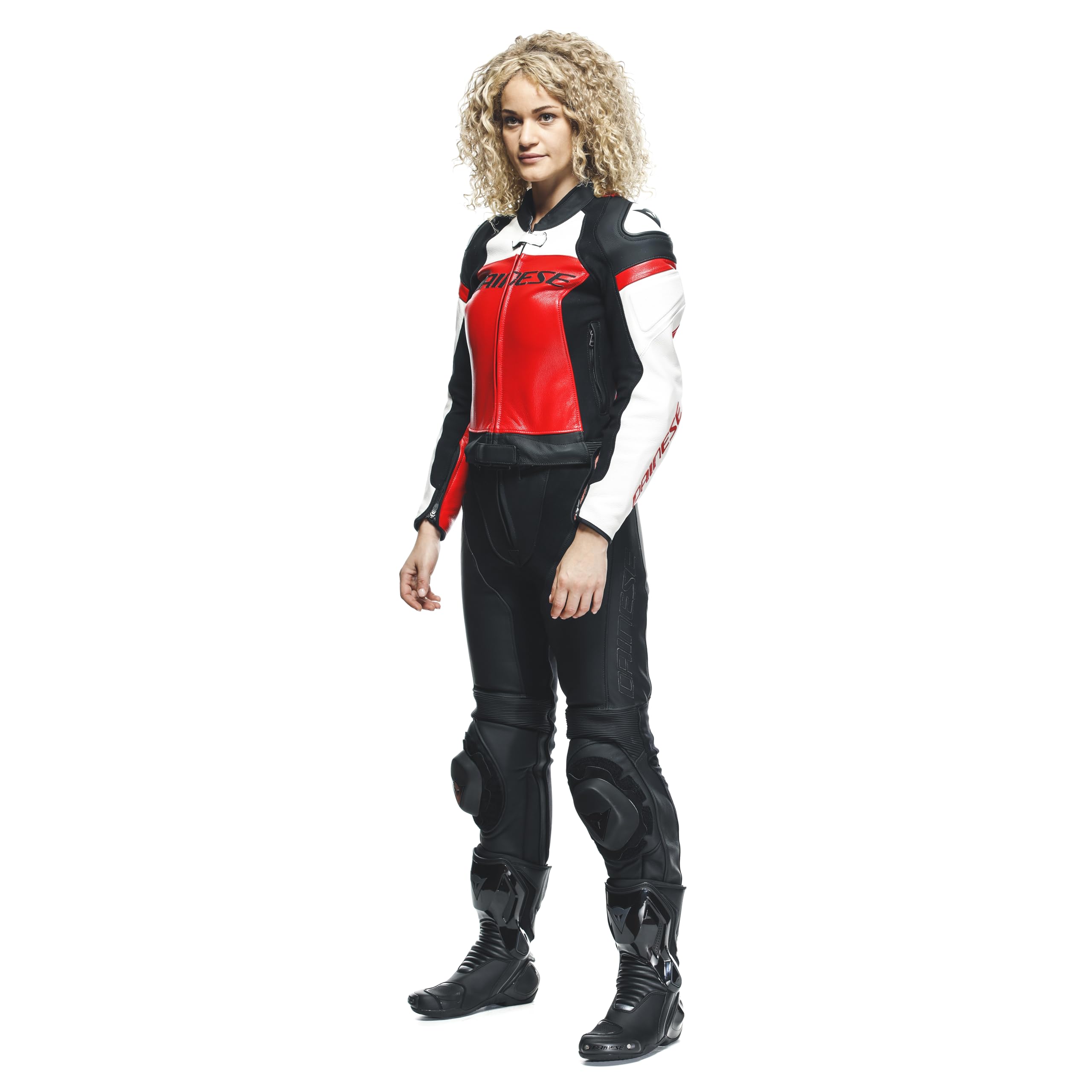 Dainese Mirage Lady - Tuta da moto da donna, 2 pezzi, in pelle, colore nero/rosso lava/bianco, 23
