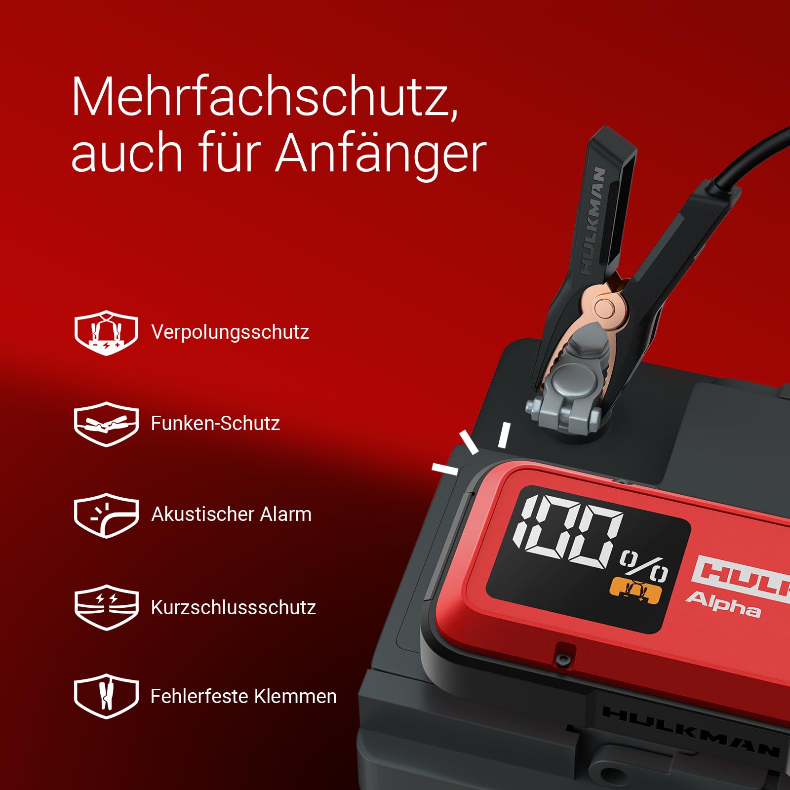 HULKMAN Alpha Ultra Red Starthilfe 1000A 37Wh,Leicht und Stilvoll,12V Starthilfe-Box mit Kabeln,Vollständige Aufladung in 45 Min, 24 Monate Standby,IP65,LED-Anzeige,für 6.5L Benzin/3.0L Diesel Motoren