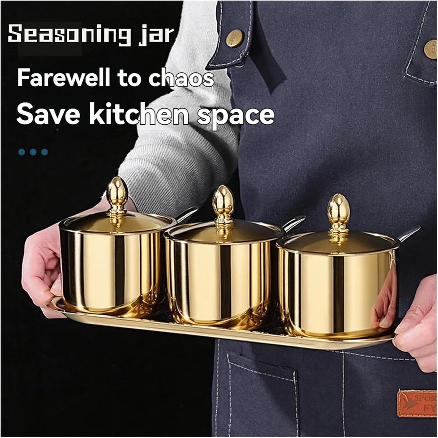 Stainless Steel Seasoning Jar Set, Spice Container With Glass Lid And Spoon, Suitable For Pepper, Salt, Spices, Candy(Gold 1pc)
