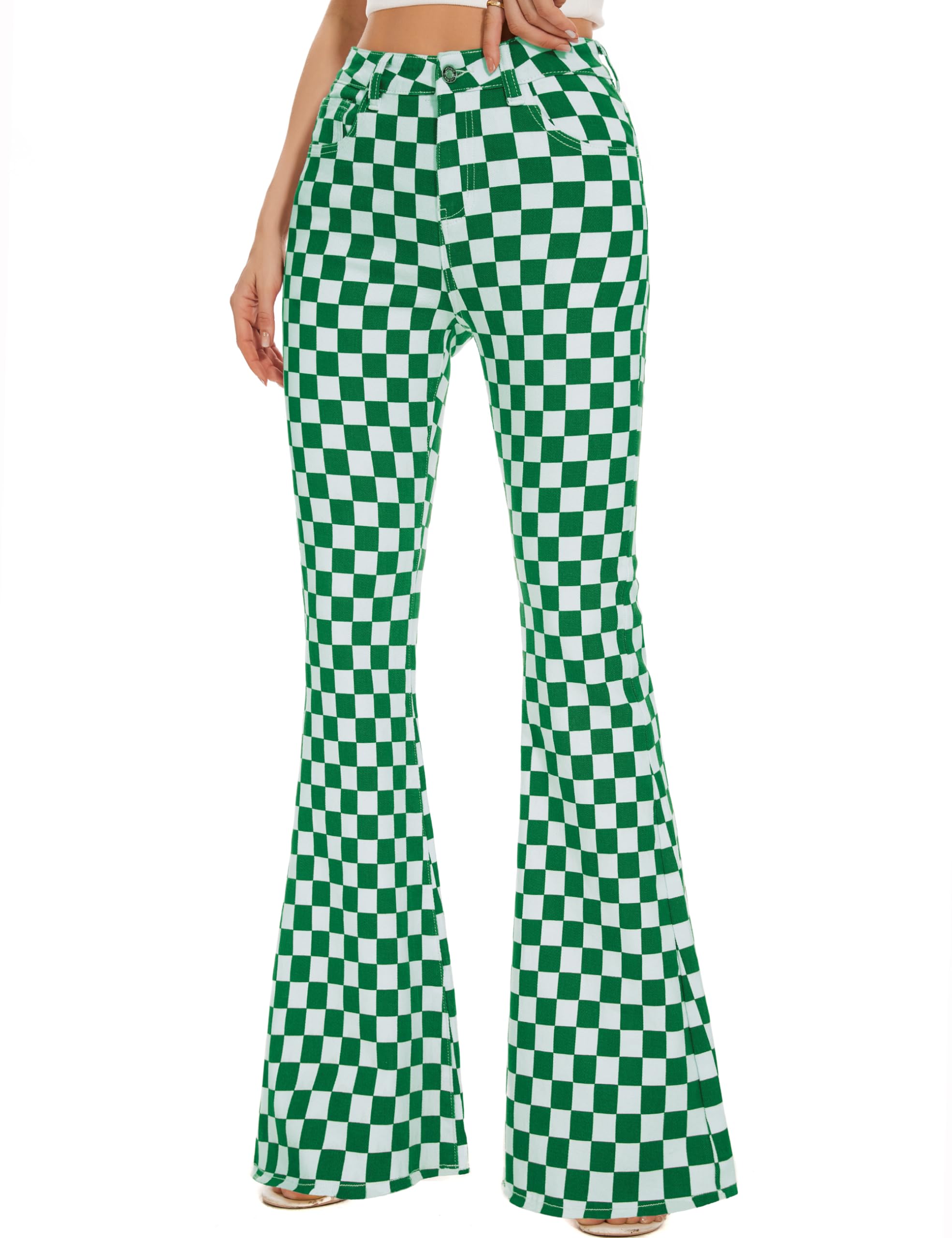 Bell Bottom Jeans für Damen, hohe Taille, Stretch, kariert, ausgestellt, Denim, Bootcut-Hose