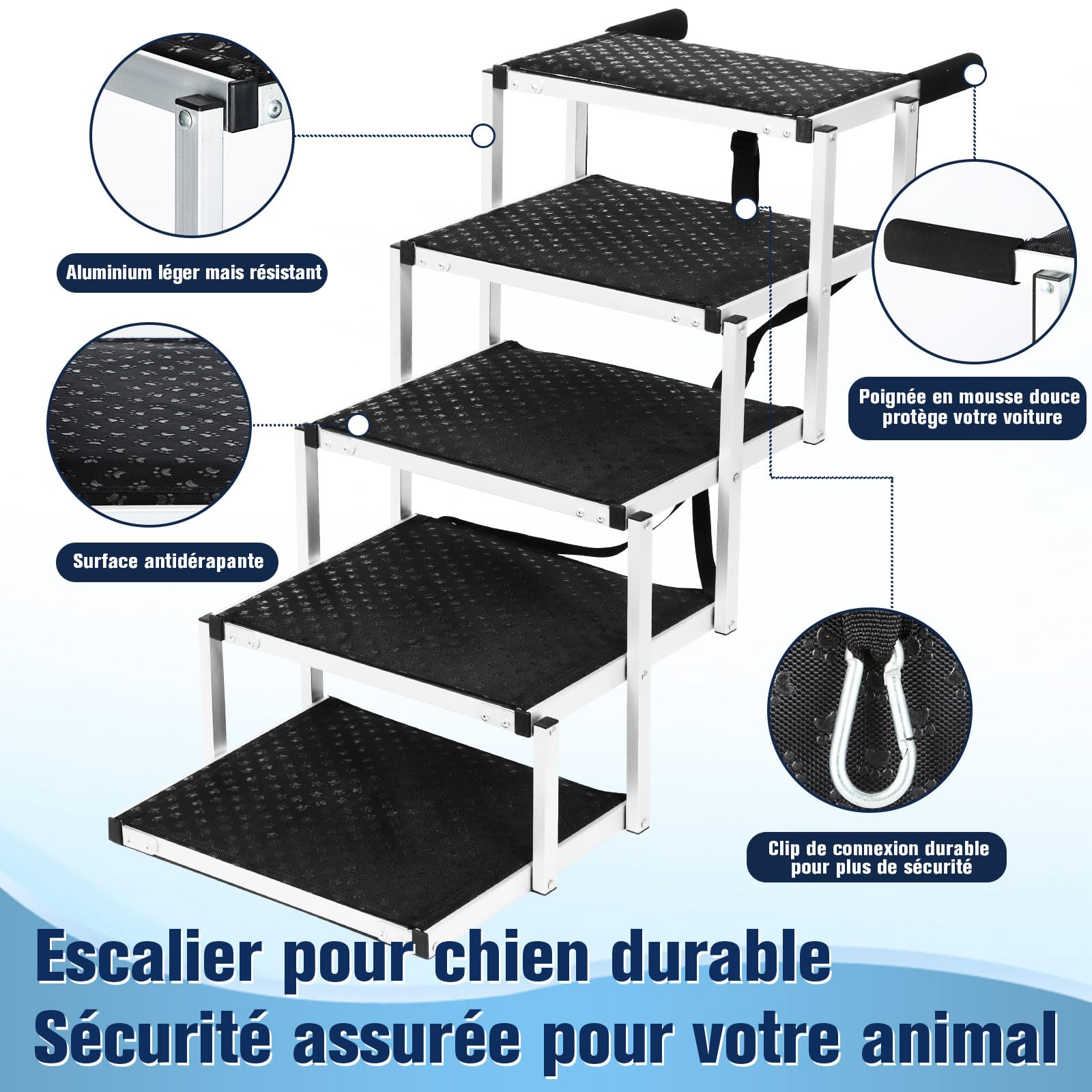 Escalier de Voiture Pliable pour Grands Chiens, Rampe d'escalier pour Chien avec Surface Antidérapante，Rampes Légères pour Chien pour Voiture et SUV pour Chiens Jusqu'à 80kg