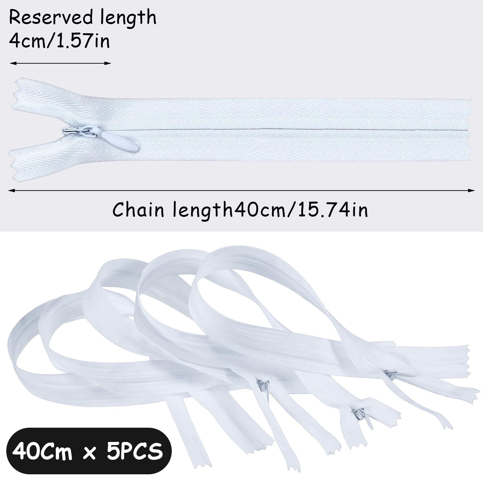 5pcs Invisible Zips, White Zips, 16 Inch / 40cm Nylon Closed-Ended Concealed Zipper - Image 2
