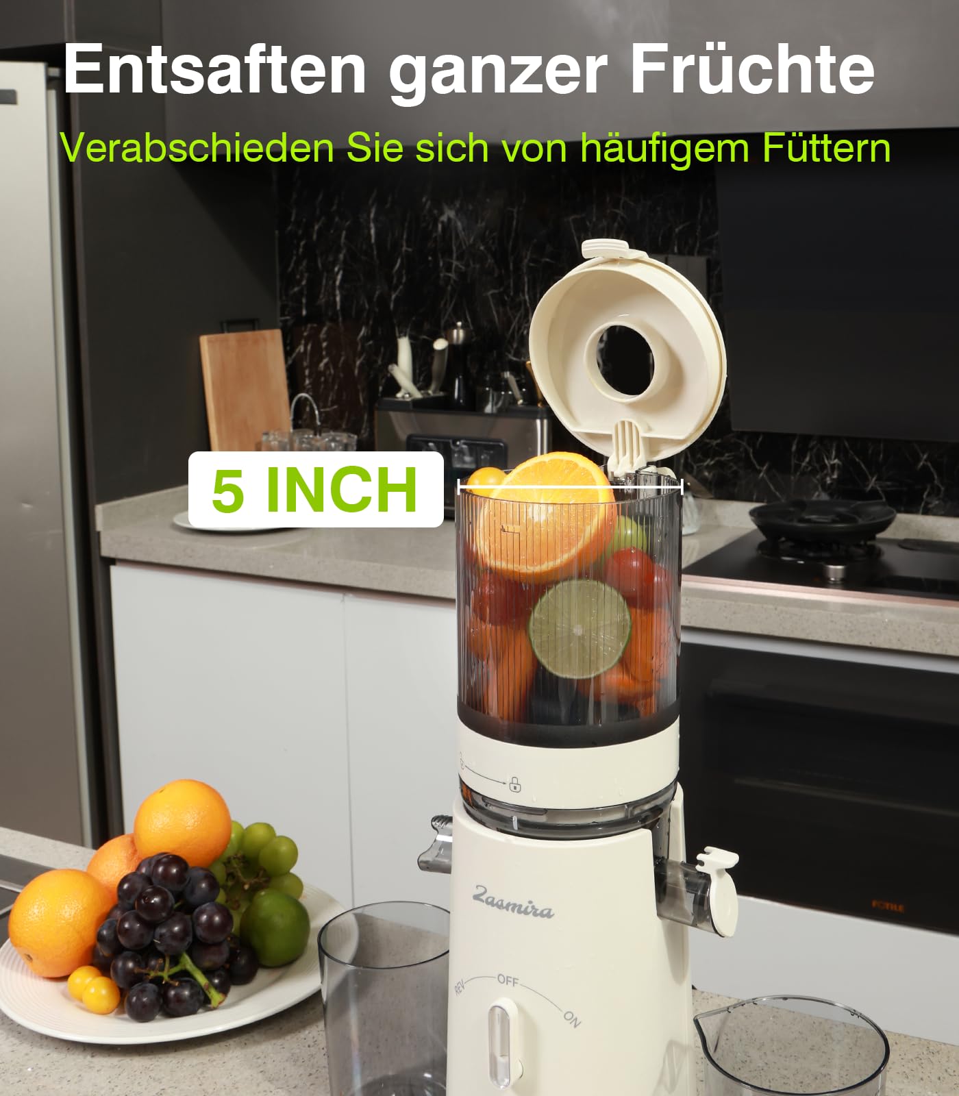 Zasmira Slow Juicer 120 mm Breiter Einfüllschacht Hohe Saftausbeute Gemüse Obst Weiß