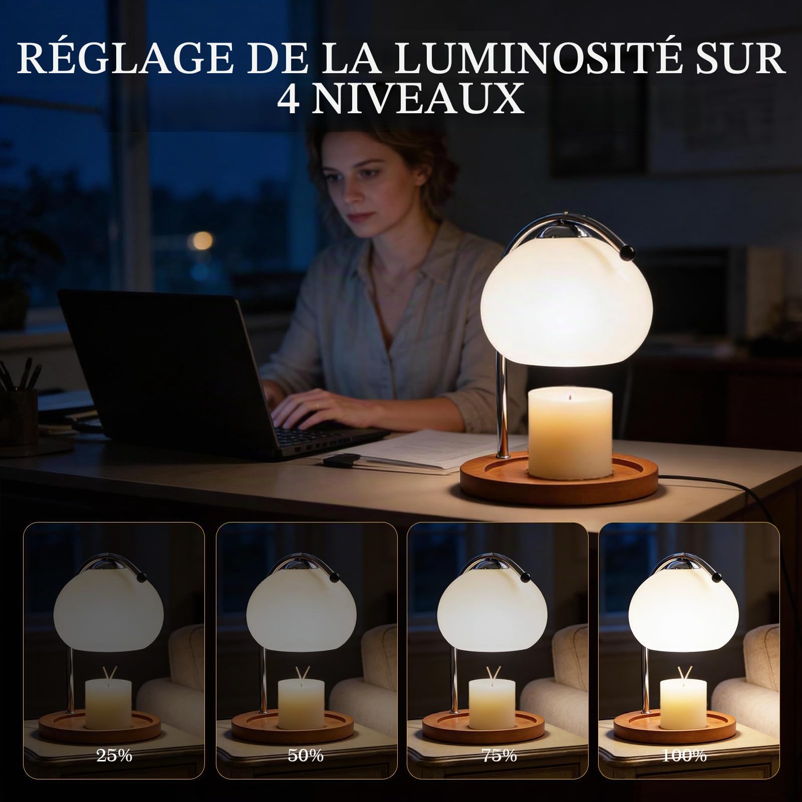 Topyond Lampe à Cire Aromatique Rétro, Plateau De Rangement En Bois, Chauffe-bougie En Verre, Lampe De Bureau, Chambre à Coucher, Lampe De Table D'ambiance, Décoration de la Maison(Beige)
