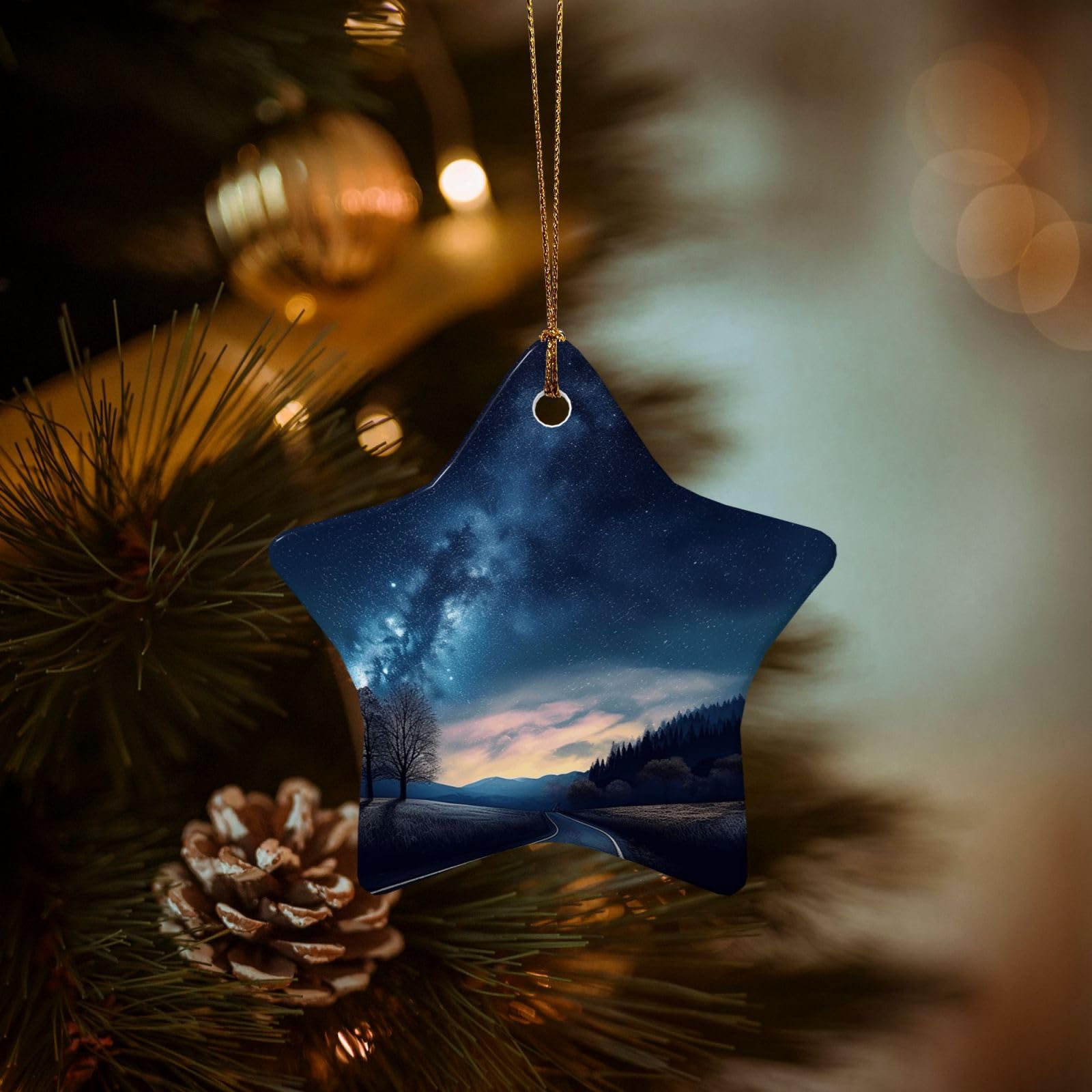 Christmas Tree Ornaments Ceramics Christmas Decorations Night and Sky Ornaments with Gold Ribbon Porcelain Xmas Tree Crafts Star Shape Hanging Pendant for Christmas Tree Party Decor
