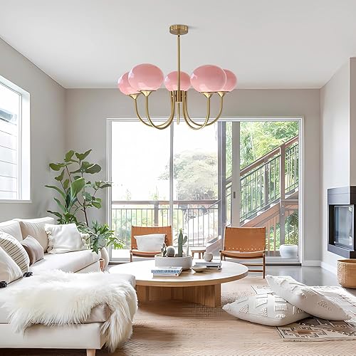 Miniatura 5 de Lámpara de techo de cristal rosa de 5 luces, lámpara de araña de globo dorado de latón moderno, lámpara de burbujas rosa, luz rosa, iluminación de