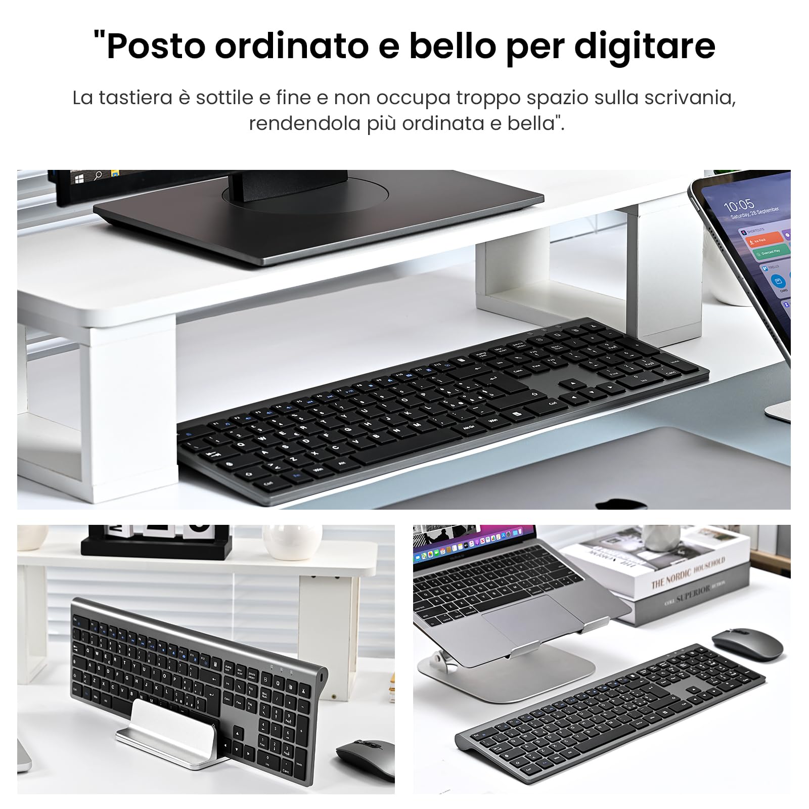 Tastiera e Mouse Wireless - cimetech Tastiera Wireless Ricaricabile 2.4G, Layout Italiano QWERTY, Tastiera Design Ergonomico, Ultra Sottile per Computer/Desktop/PC/Laptop/Windows 10/8/7 (Grigio)