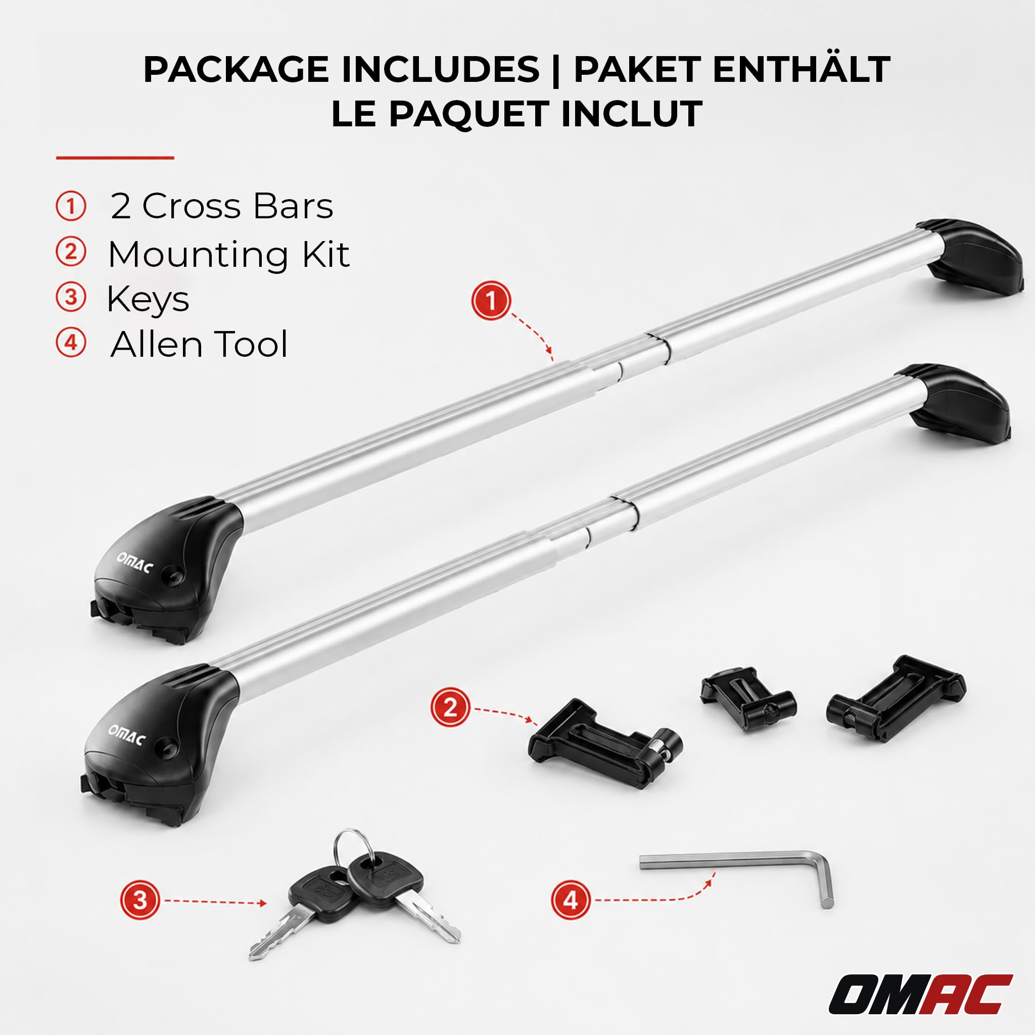 OMAC Barres de Toit transversales certifiées TÜV pour Toyota Yaris Cross XP210 2021-2026 – Verrouillables (4 antivols) – Charge Max 100 kg – Fixation Durable Argent