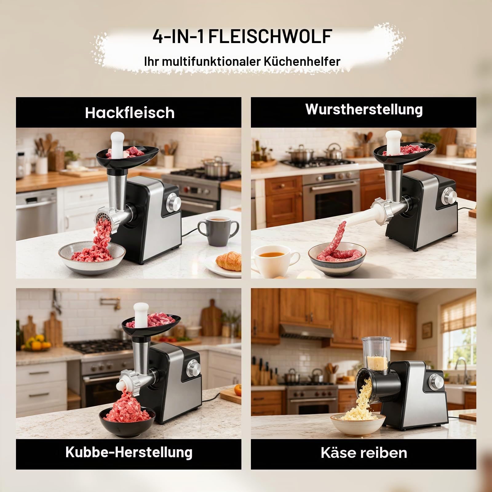 Elektrischer Fleischwolf 2800W, Multizerkleinerer mit Gemüseschneider und Käsereibe, Mandoline mit 5 Aufsätzen, Wurstfüller und Fleischballen-Set, Küchenmaschine zum Hacken Schneiden Reiben