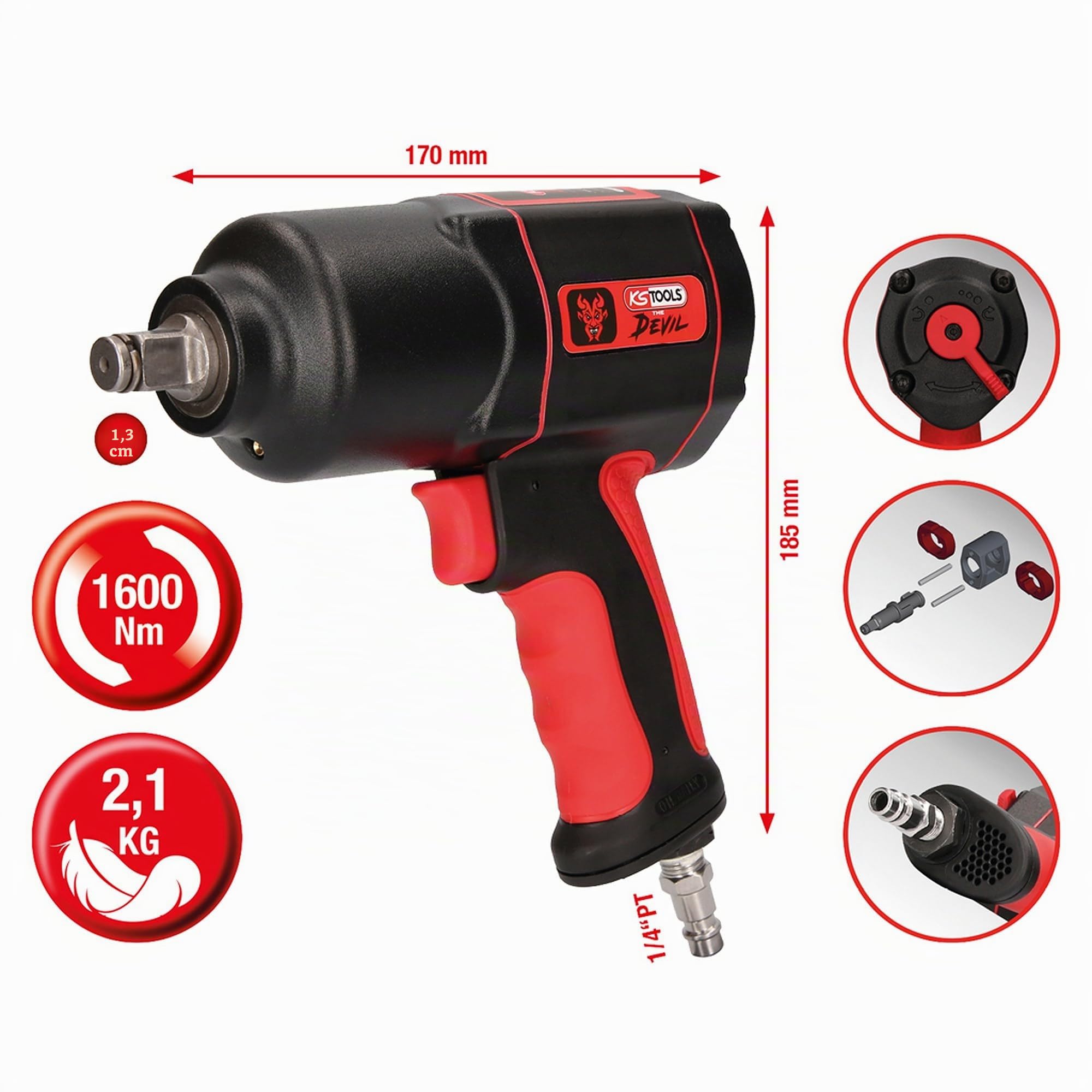 KS Tools 515.1200 Atornillador de impacto neumático de alta potencia de 1/2" THE DEVIL, 1600 Nm