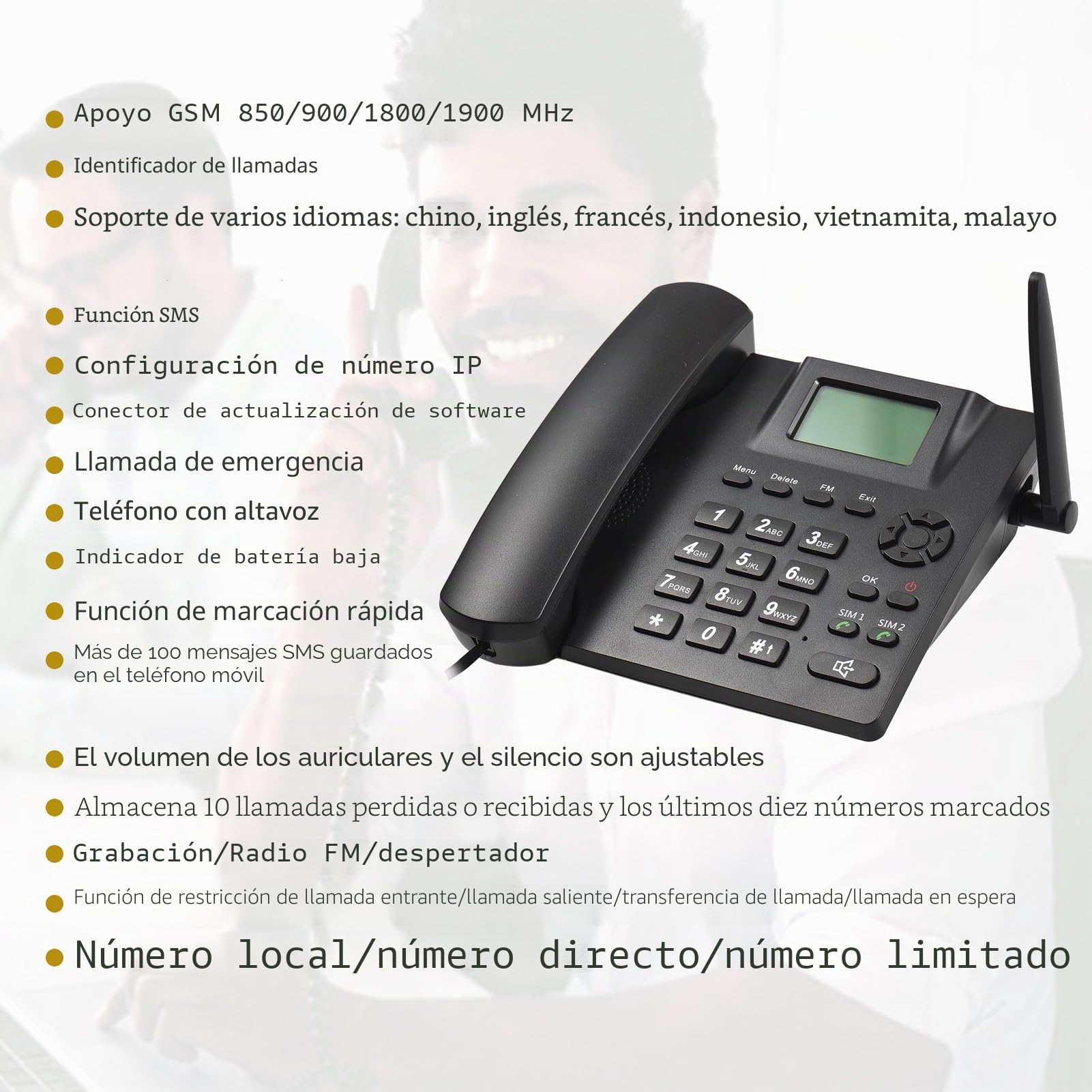 Teléfono fijo inalámbrico GSM 850/900/1800/1900MHz doble tarjeta SIM 2G con antena despertador y función de grabación SMS en 6 idiomas