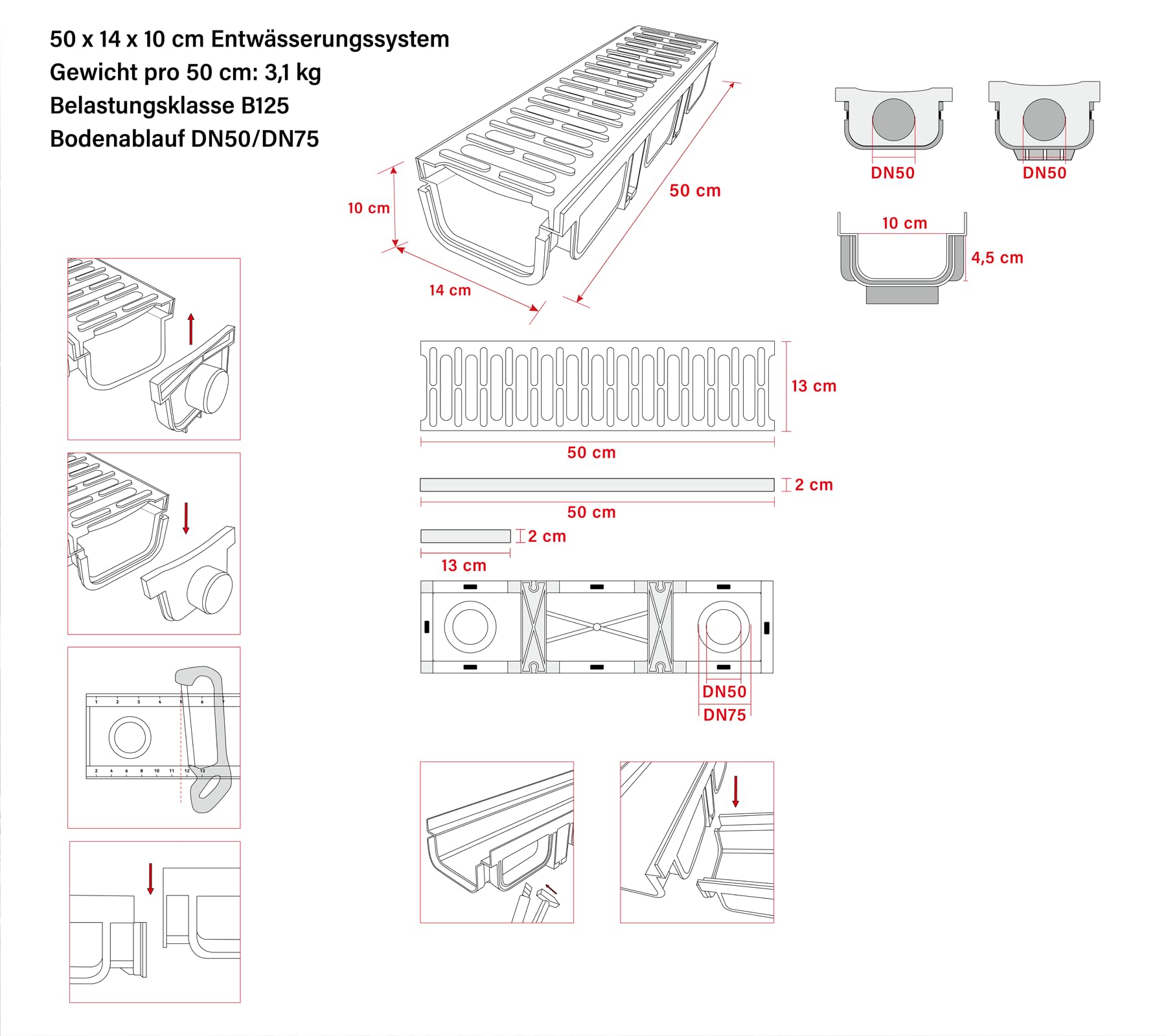 3m Entwässerungsrinne mit B125 Gussrost GJS belastbar bis 12,5 t - 500 x 140 x 100 mm - Bodenrinne Ablaufrinne für Garage Hofeinfahrt Parkplatz - Witterungsbeständig Robust Befahrbar Modular