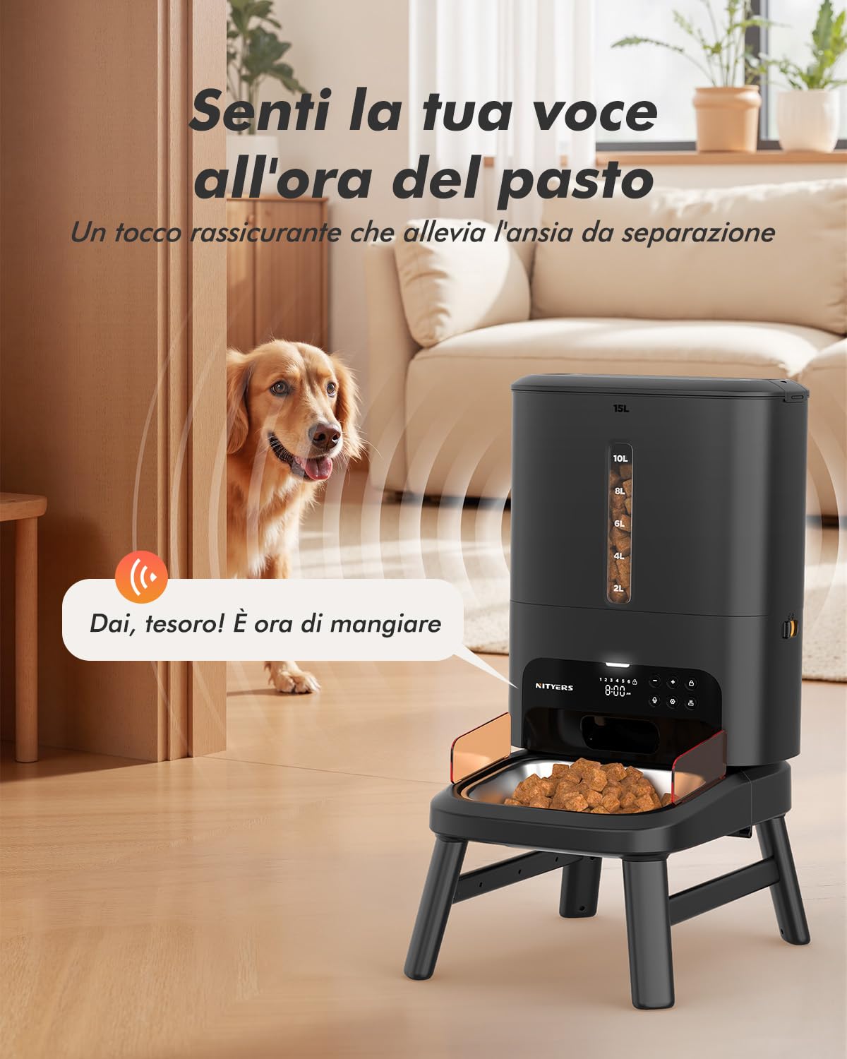 Distributore automatico cibo cani, capacità 15L, croccantini fino a 23mm
