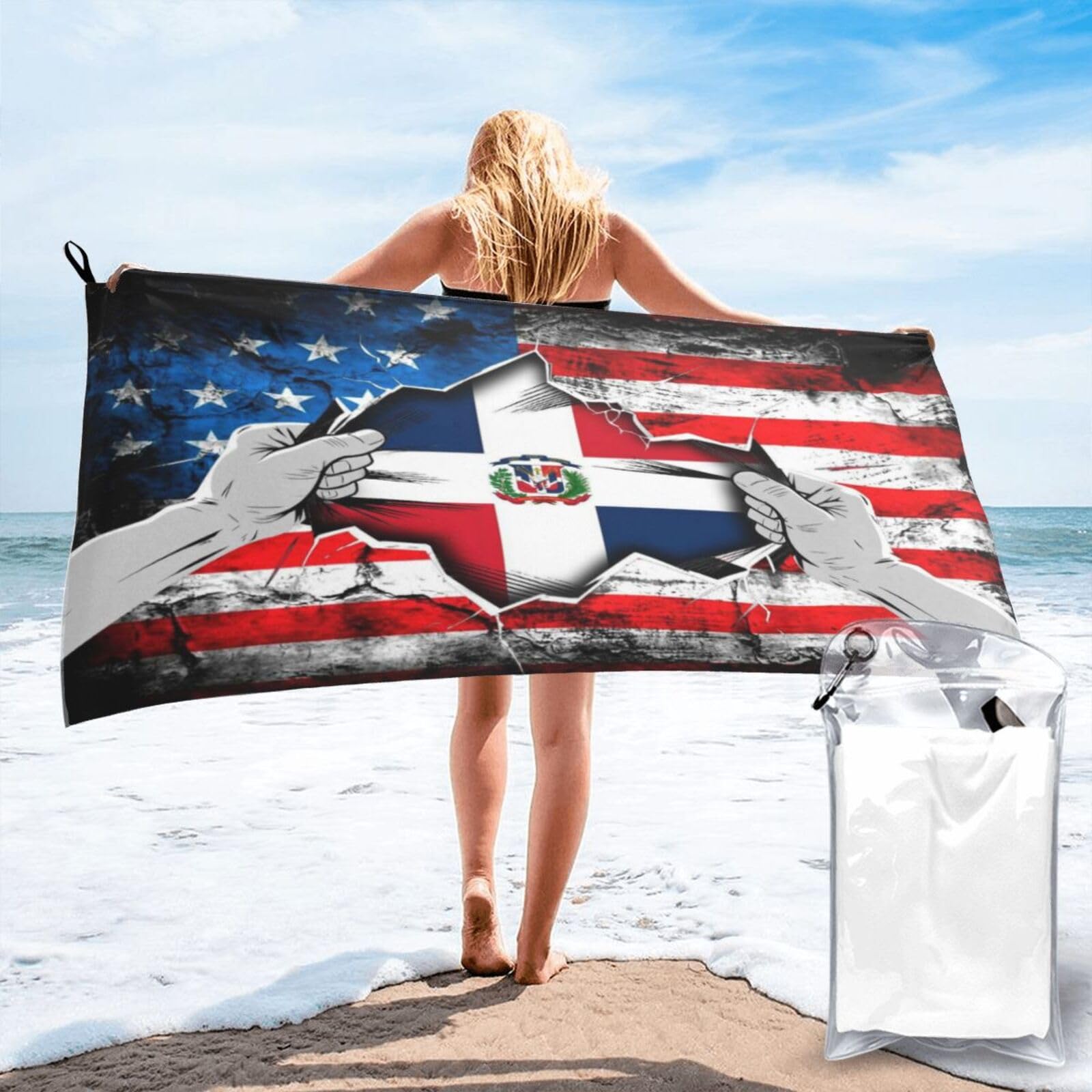 HACXZ American and Dominican Republic Flag Vintage Beach Towel Lightweight Absorbent Beach Towel Microfiber 31.5"X63"