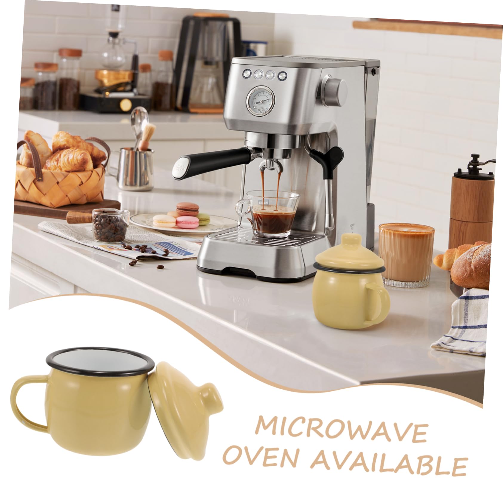 Emaille Kaffeetasse 580ml mit Ergonomischem Design und Deckel Gelber Milchbecher für Zuhause zum Erhitzen von Tee und Kaffee