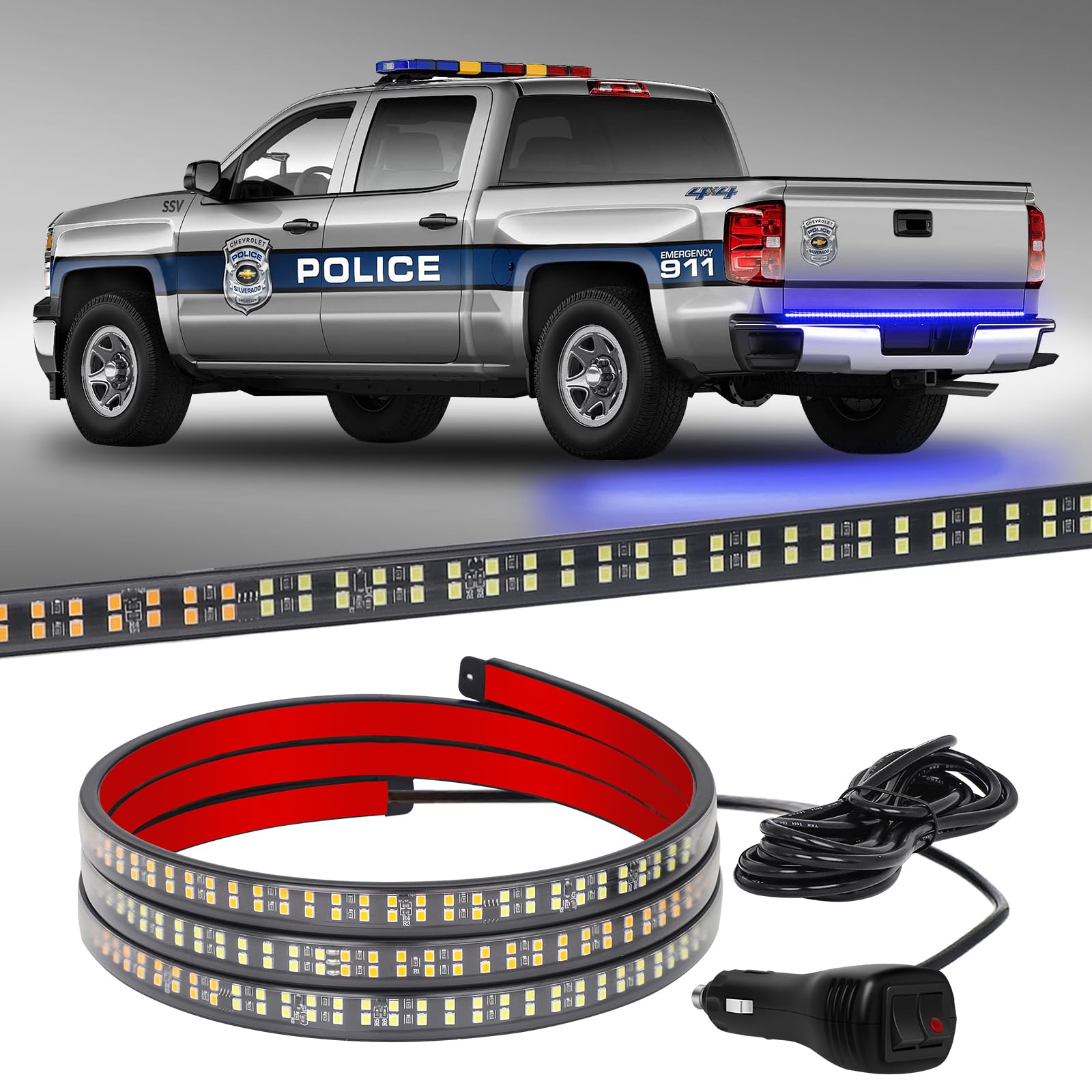 XRIDONSEN 60 inch Blue Emergency Lights Strip 360 LED Truck Tailgate Rear Window Police Firefighter Lights Strobe Flashing Warning Hazard Safety First