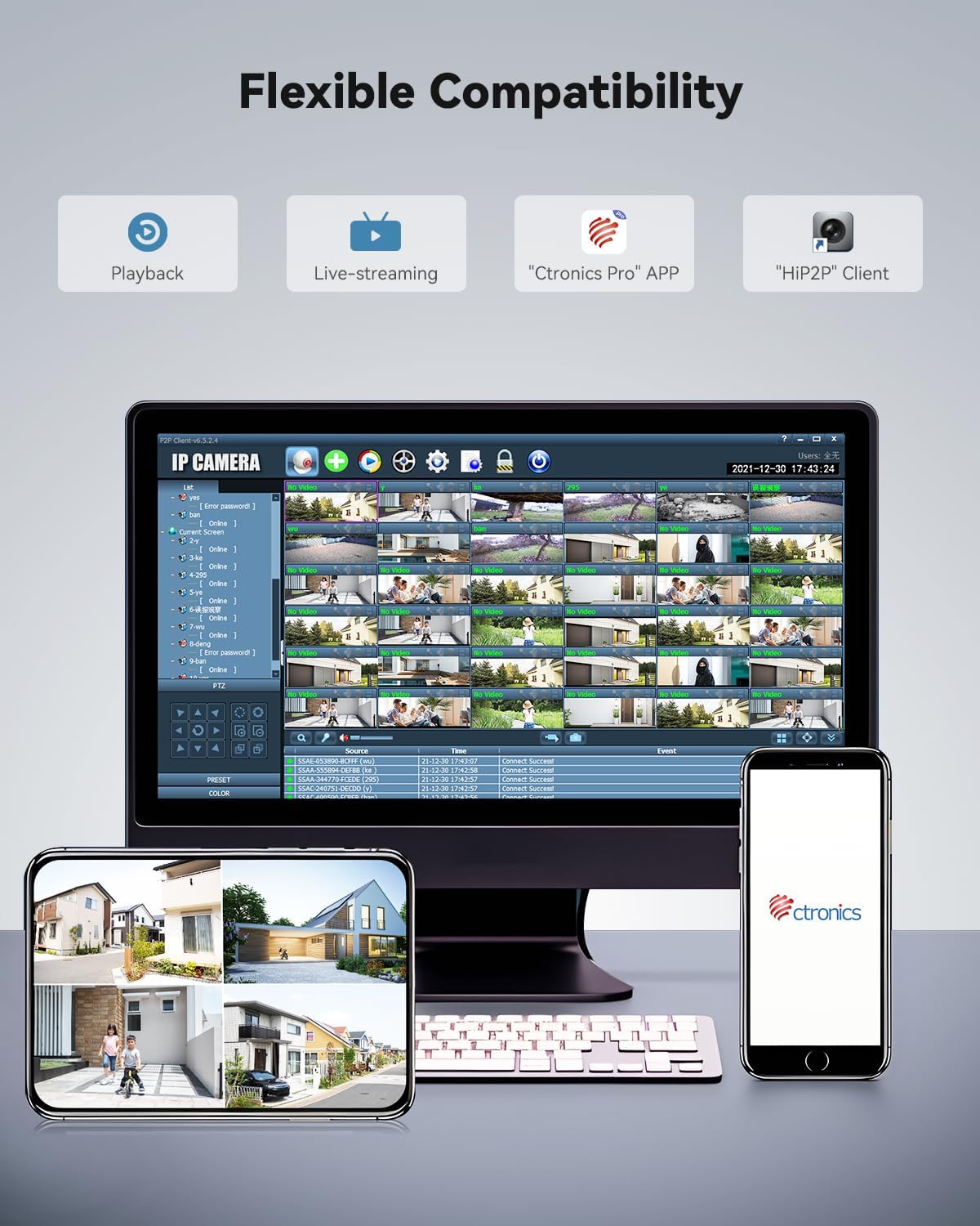 Ctronics camera app interface on a desktop and mobile phone, showing live view and playback options.