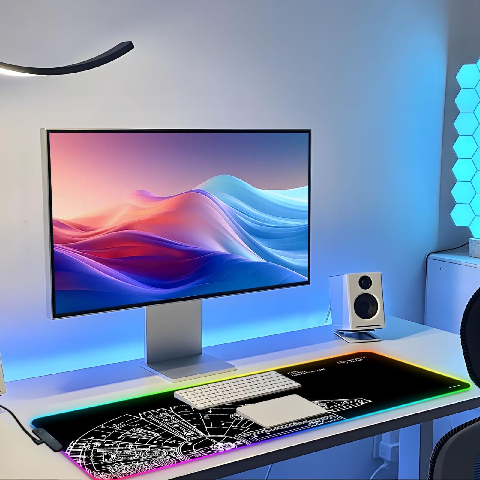 Alfombrilla de mouse RGB LED para juegos, teclado grande, lindo ordenador de sobremesa, portátil, 14 luces, XXL, largo, gigante, grande, fresco, diseño moderno, único para hombres, niños,