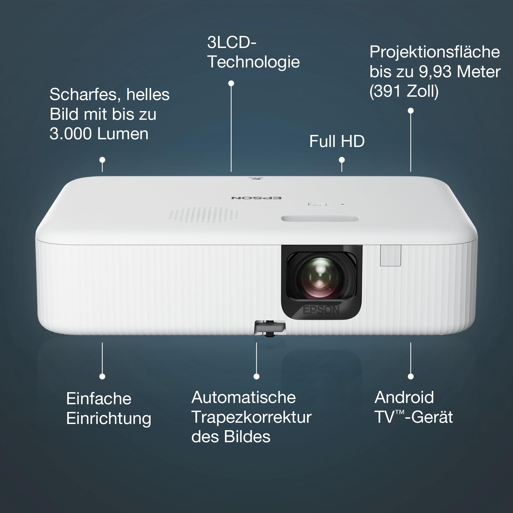 Epson CO-FH02 | Full-HD-1080p-Smart-TV-Projektor | Android TV | 3LCD | 3.000 ANSI-Lumen | 391"-Projektionsfläche | Einfache Einrichtung | Trapezkorrektur | HDMI | Für Zuhause und Büro | Weiß