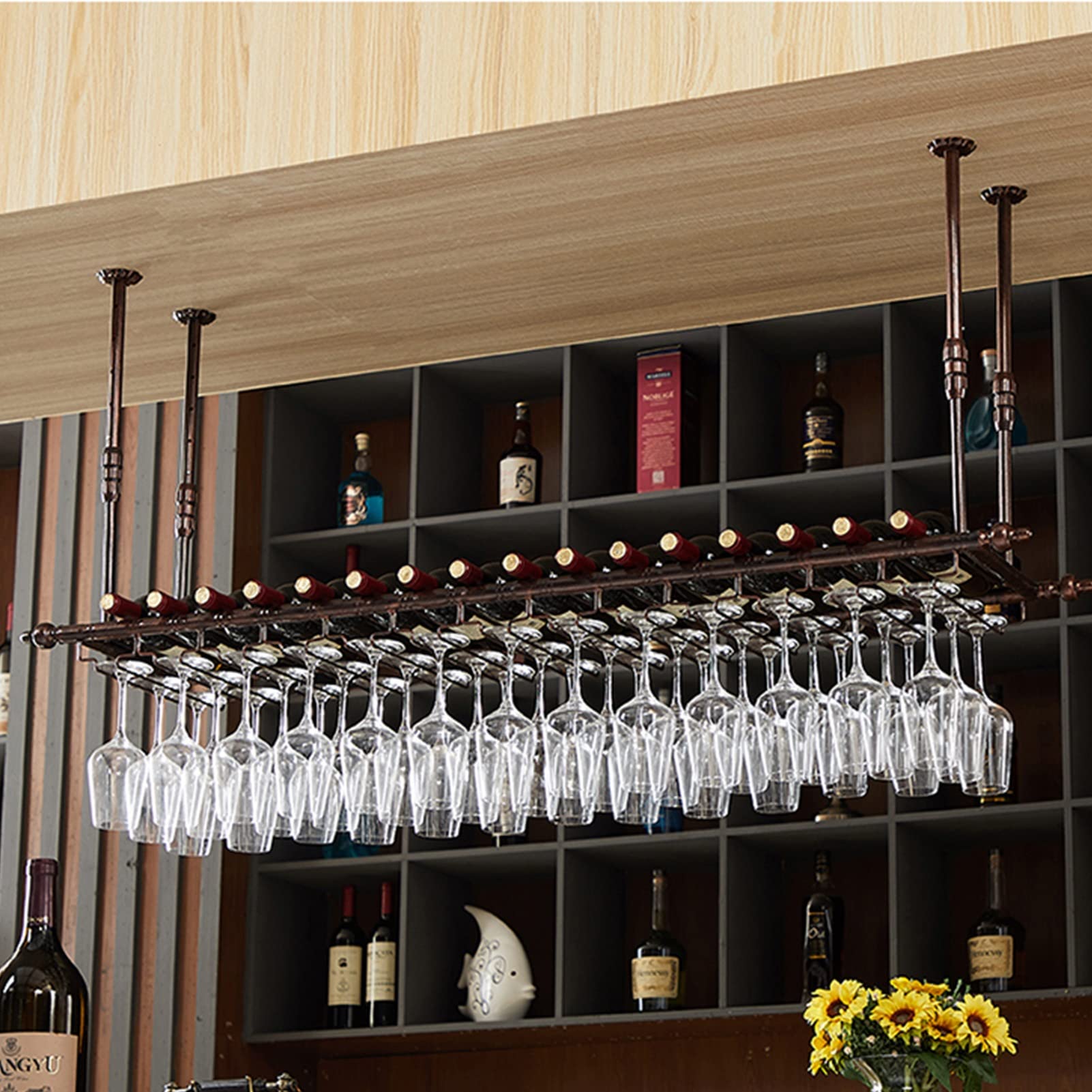 Soporte para copas de vino negro para colgar botellas de vino para el hogar, bar, restaurante, moderno estante de almacenamiento de copas de techo, marco decorativo