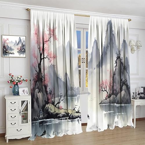 Miniatura 4 de JESTRONRY Cortinas japonesas para ventana, flor de cerezo de primavera, anime asiático, pintura de tinta oriental, montañas, paisaje, tema del