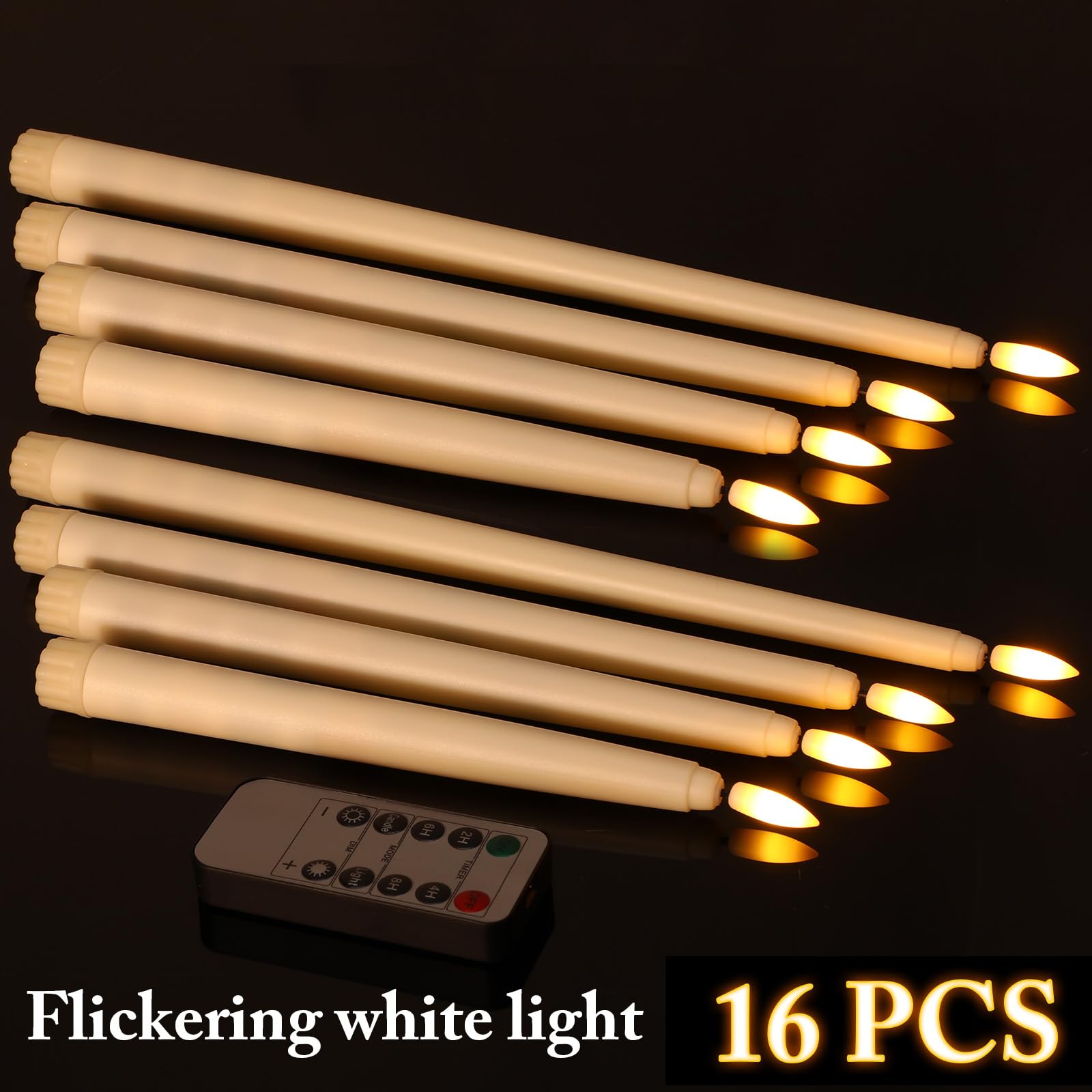 Rossesay 16 velas cónicas sin llama con temporizador remoto, 4 tamaños (8.5, 9.6, 10.8, 12.8 pulgadas), LED, Marfil