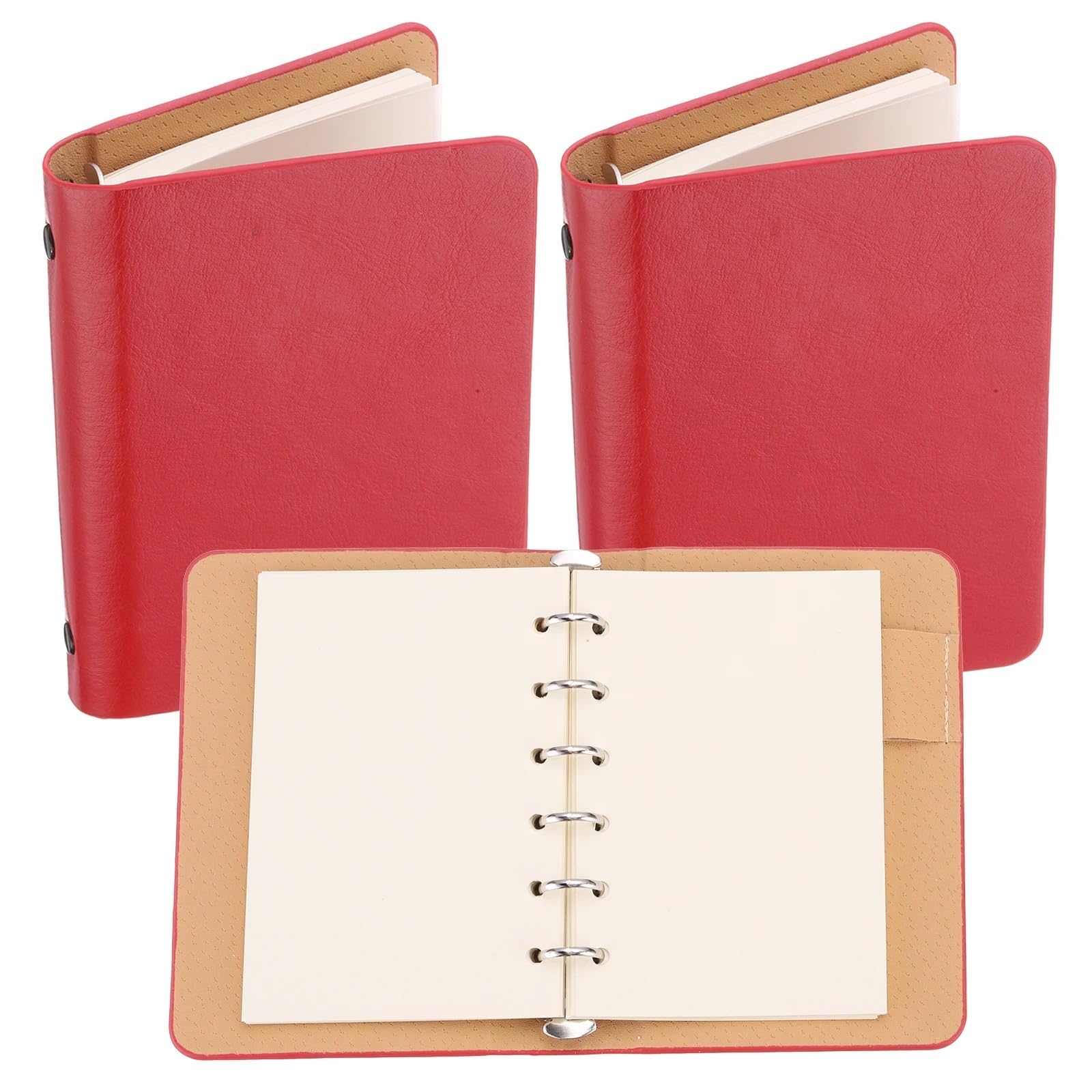1/2 Paquete de Cuaderno de Cuero A7 con 6 Anillas, Mini Agenda Personal de Hojas Sueltas Recargable con 50/100 Hojas de Papel(Red 2Pcs)
