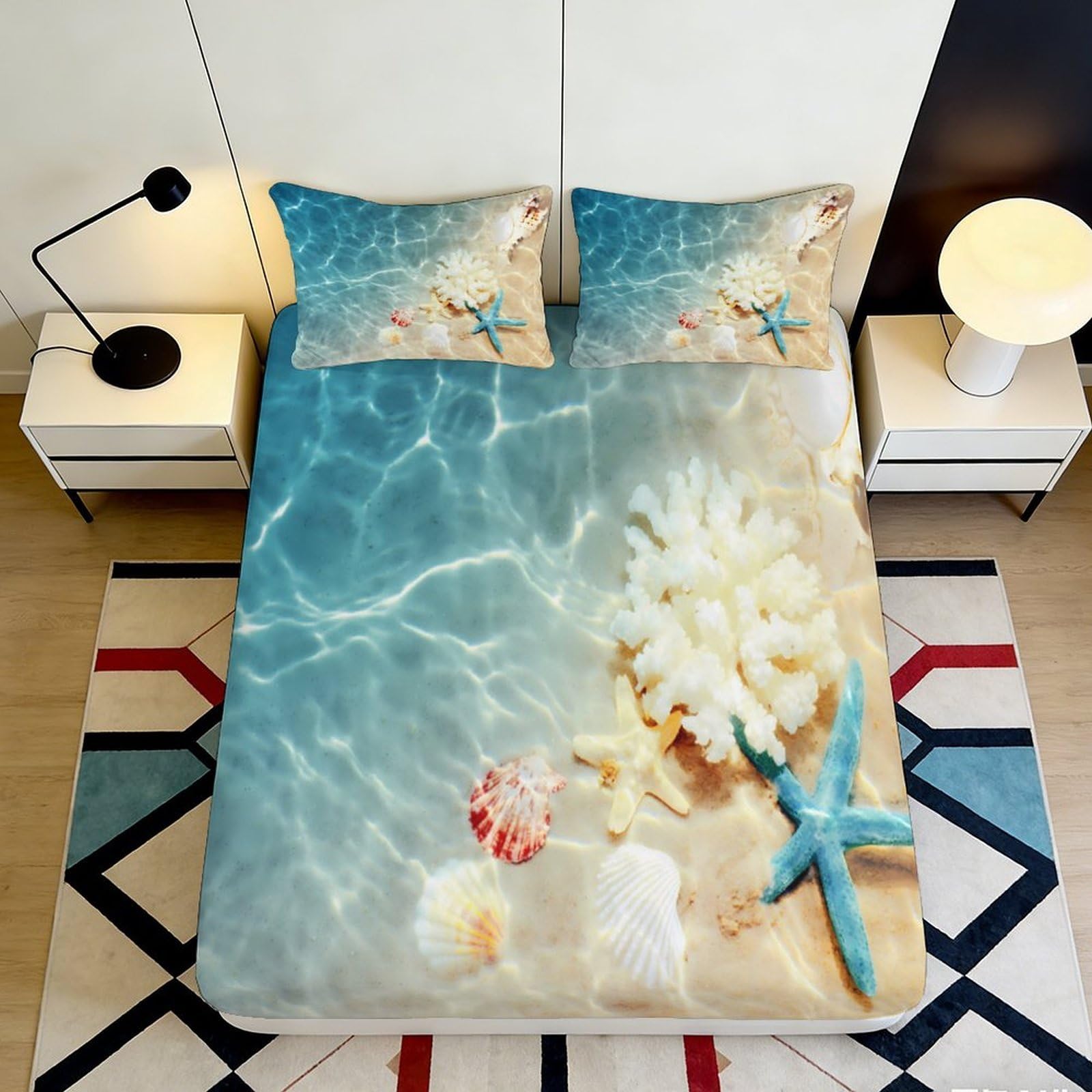 3D Printed Ocean Beach Fitted Sheet Microfiber Sand Starfish Mattress Cover for Bedroom Dorm Decor Easy Care 90x200x25cm