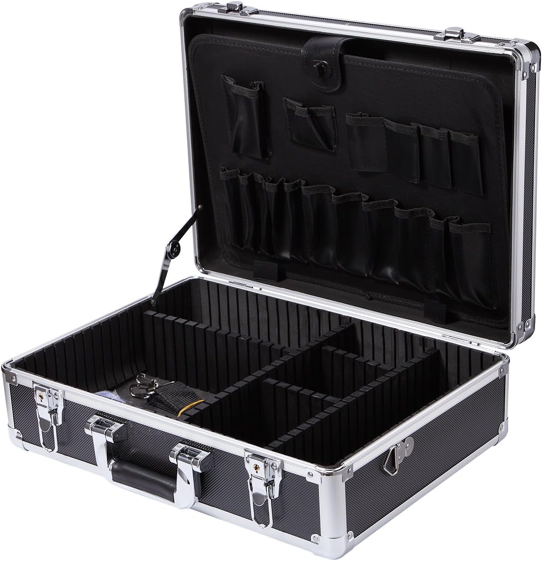 Aluminum Metal Hard Case Toolboxes Black Home Workshop Storage Box,Metal Round Corner with Adjustable Dividers