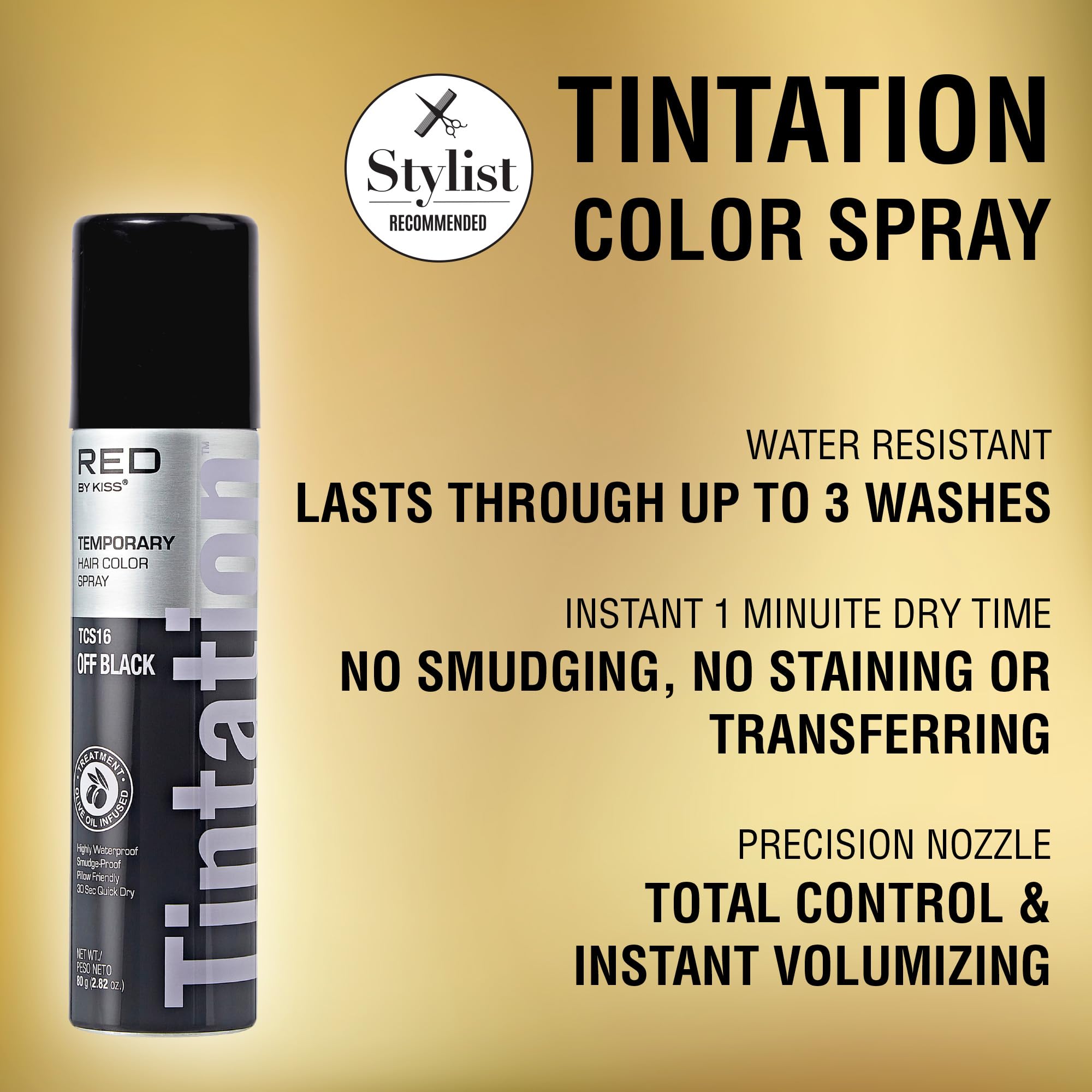 Red by Kiss Tintation Temporary Hair Color Spray, Instant Gray Root Touch Up Coverage, Water-Resistant & Smudge-Proof, Easy Wash Out, Barber & Hairline Touch-Up, Quick-Dry (Off Black, 2.82 oz)