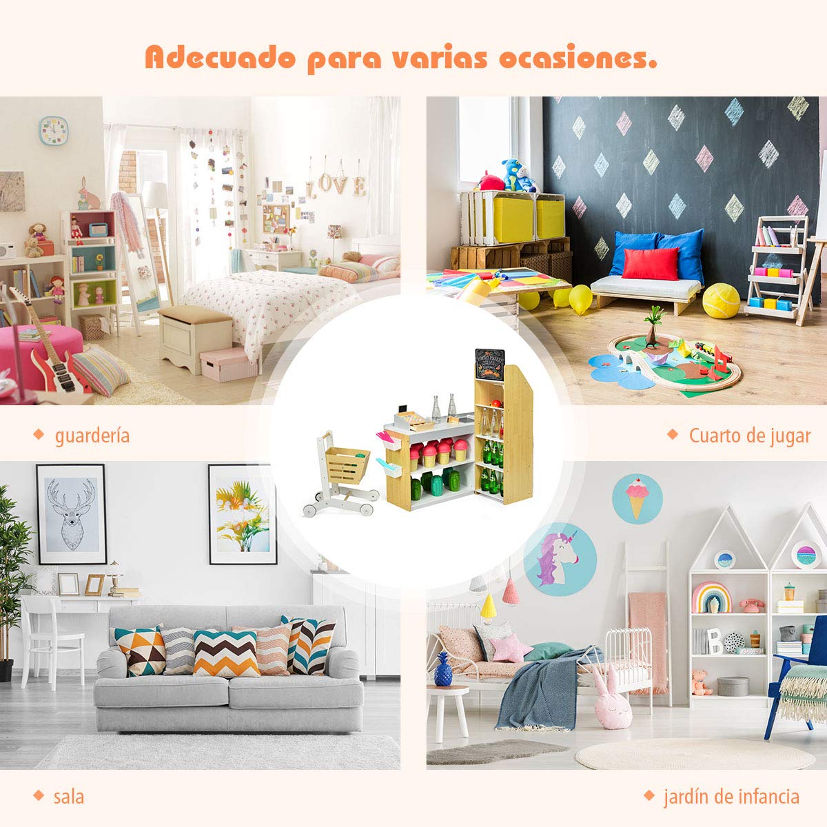 COSTWAY Juguete de Supermercado con Carrito de Compra Incluye Pizarra,Caja Registradora,Escáner,Lector de Tarjetas,Tarjeta de Crédito y Monedas Juguetes de rol para Niños