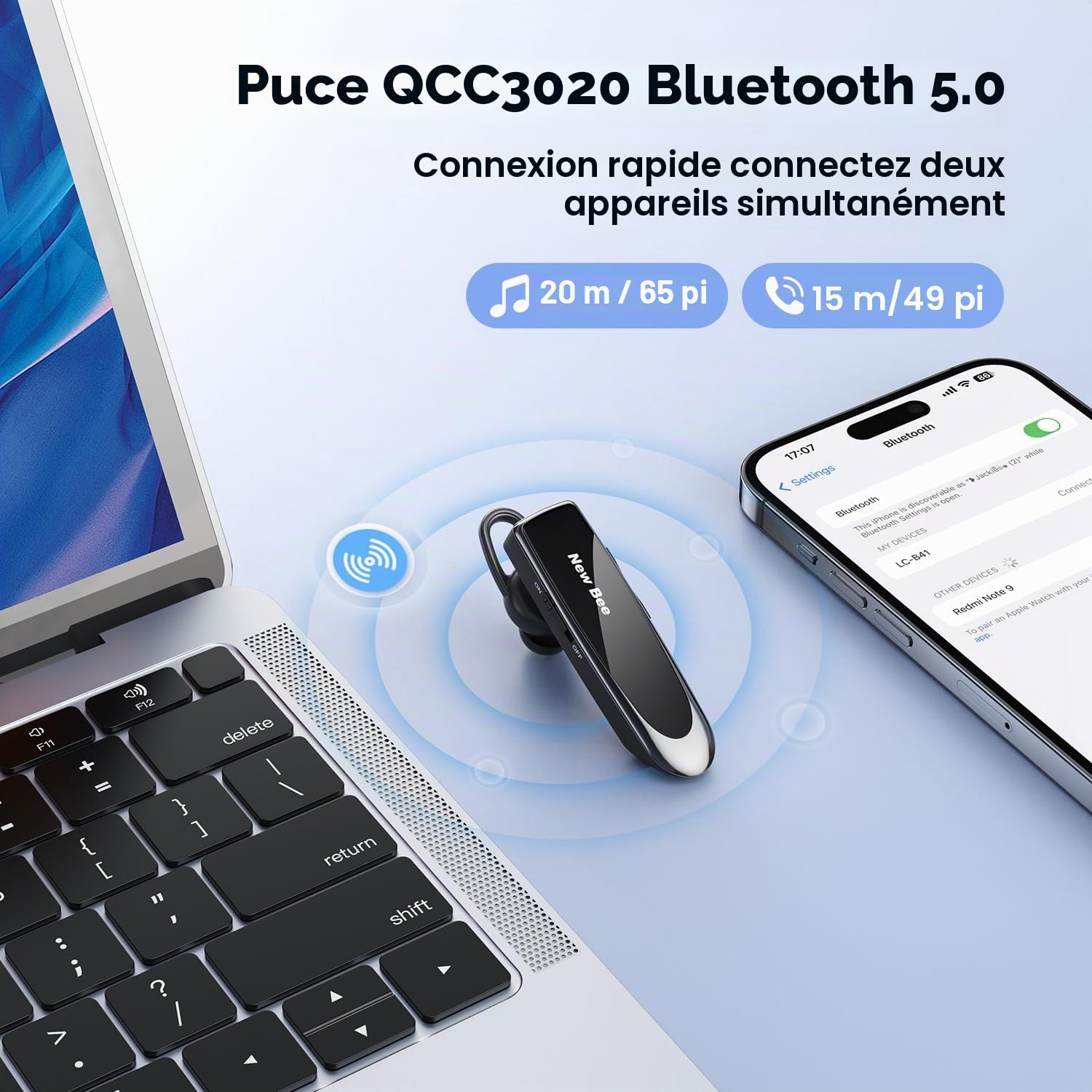 New Bee Oreillette Bluetooth V5.0 Main Libre avec Technologie de Capture de Voix Claire - Kit Invisible pour iPhone Samsung Huawei Sony, etc (Noir)