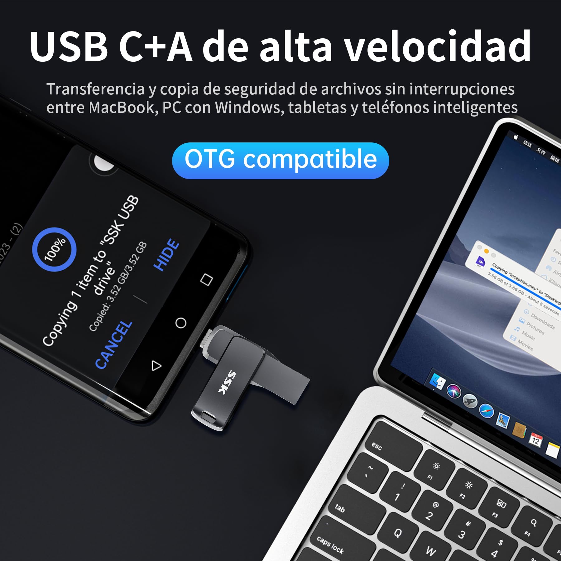 SSK Memoria USB pendrive 128GB,Lectura hasta450MB/s,Doble Conector USB C Ya