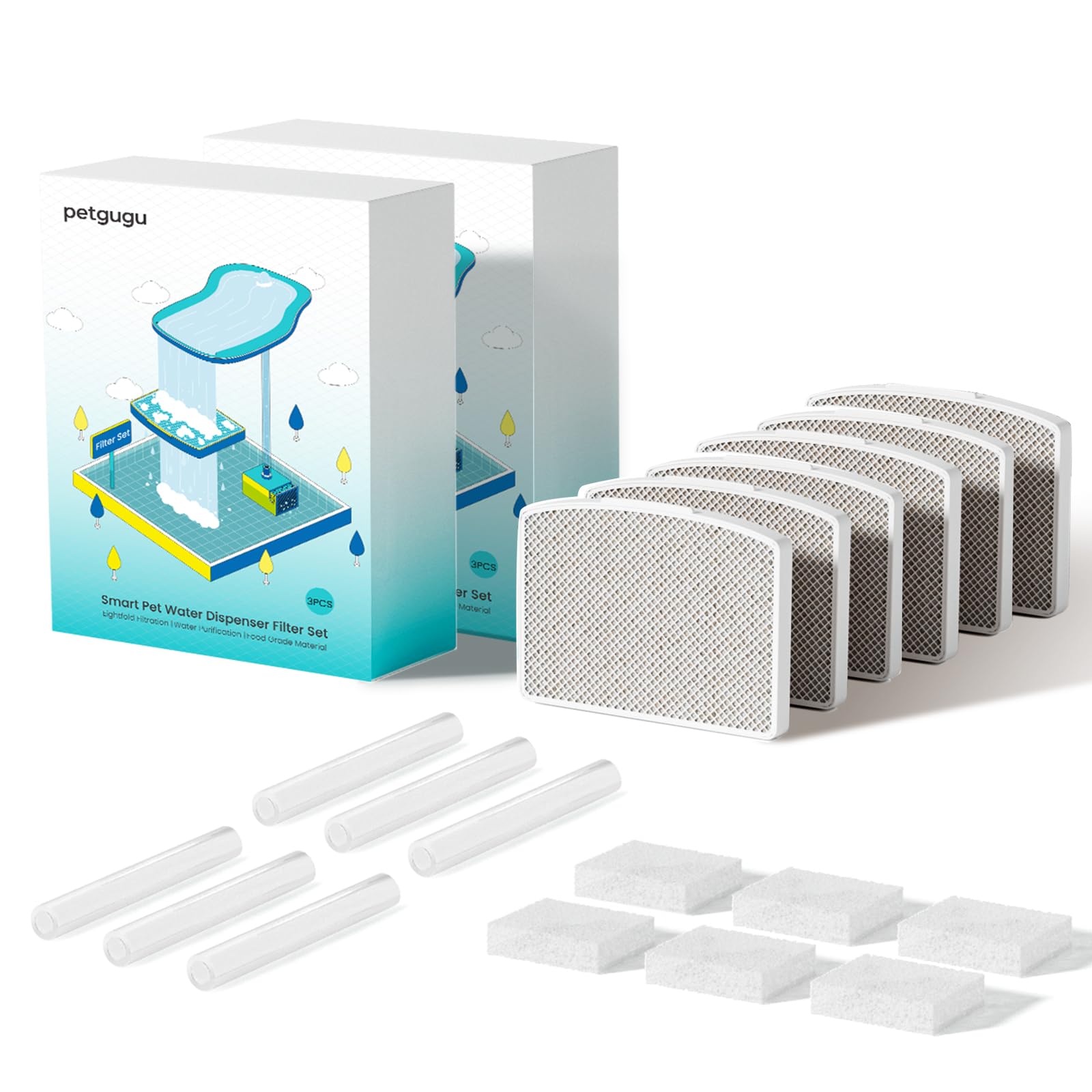 PETGUGU 6PCS Filtro Fontanella per Gatti, Filtro di Ricambio per PF1 e PF1L, Sistema di Filtraggio a 8 Stadi, Filtri Carbone Attivo per Acqua Pulita e Fresca e Animali Domestici Sani