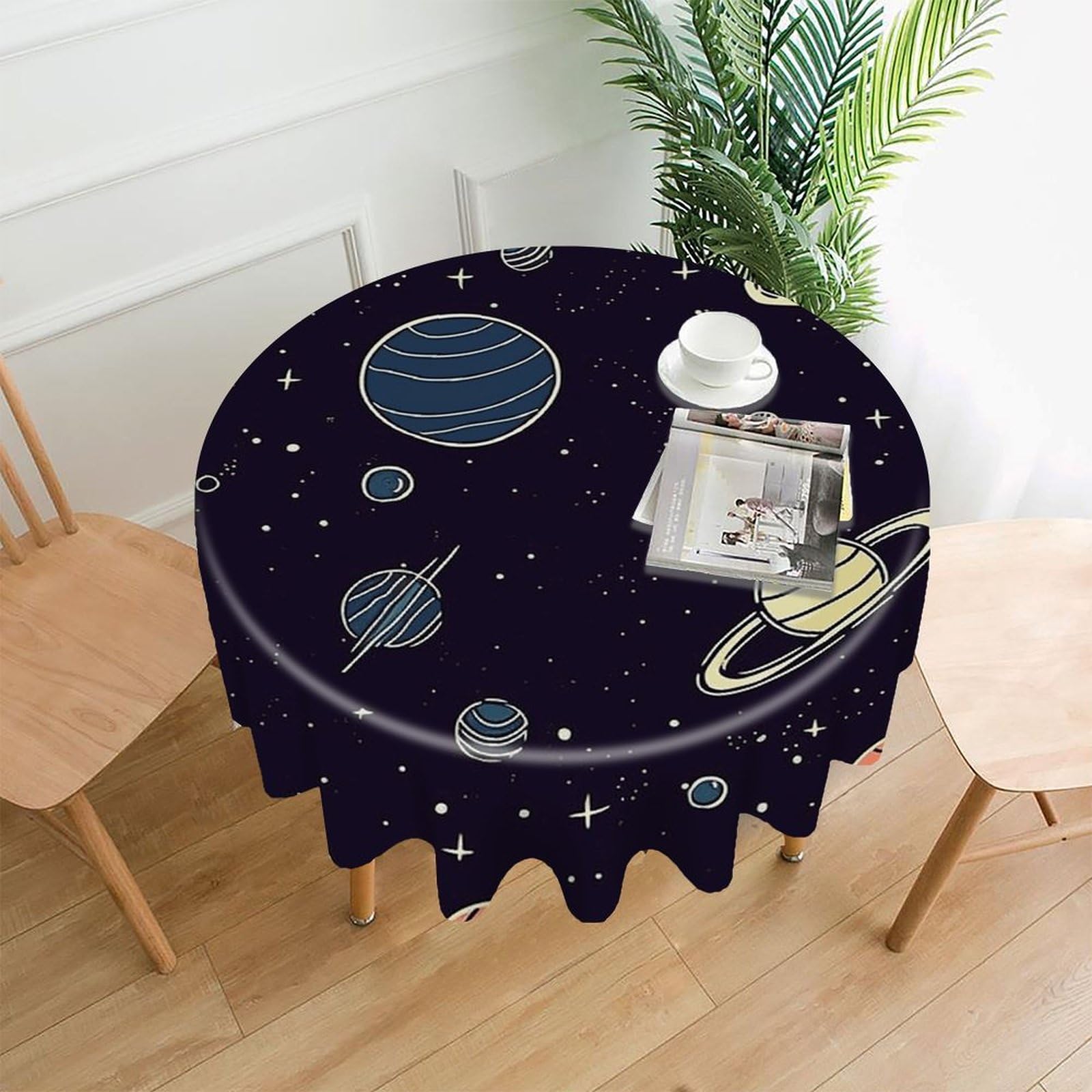 FekiLoot Space Planet Pattern Round Tablecloth Cover 60 Inch Wrinkle Free Washable Polyester Fabric Table Cover Decorative Round Table Cloth for Home Dining Kitchen Party Farmhouse